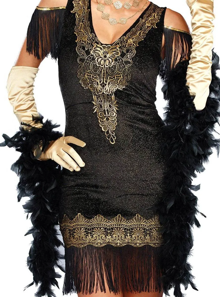 1920s Swanky Black and Gold Deluxe Womens Flapper Costume