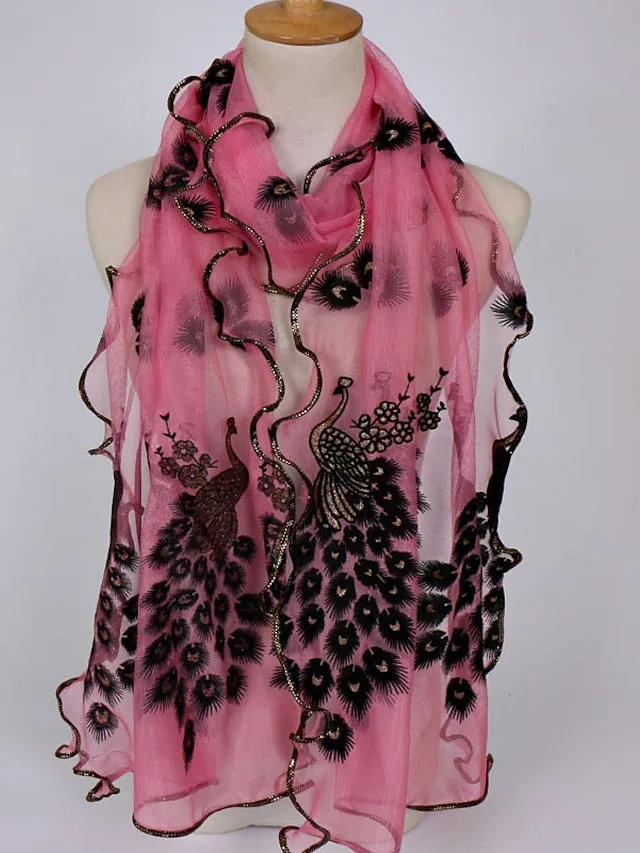 1pcs Women Scarf Elegant Peacock Embroidered Lace Scarf Long Soft Shawl Breathable Long Towel