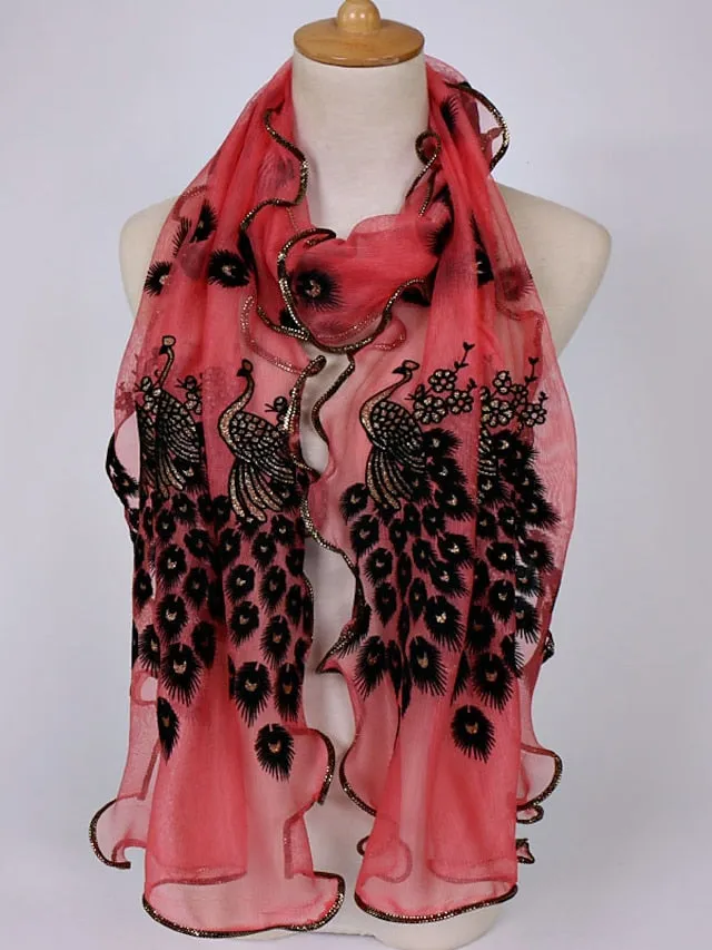 1pcs Women Scarf Elegant Peacock Embroidered Lace Scarf Long Soft Shawl Breathable Long Towel