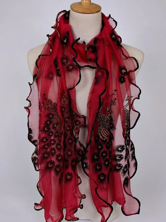 1pcs Women Scarf Elegant Peacock Embroidered Lace Scarf Long Soft Shawl Breathable Long Towel