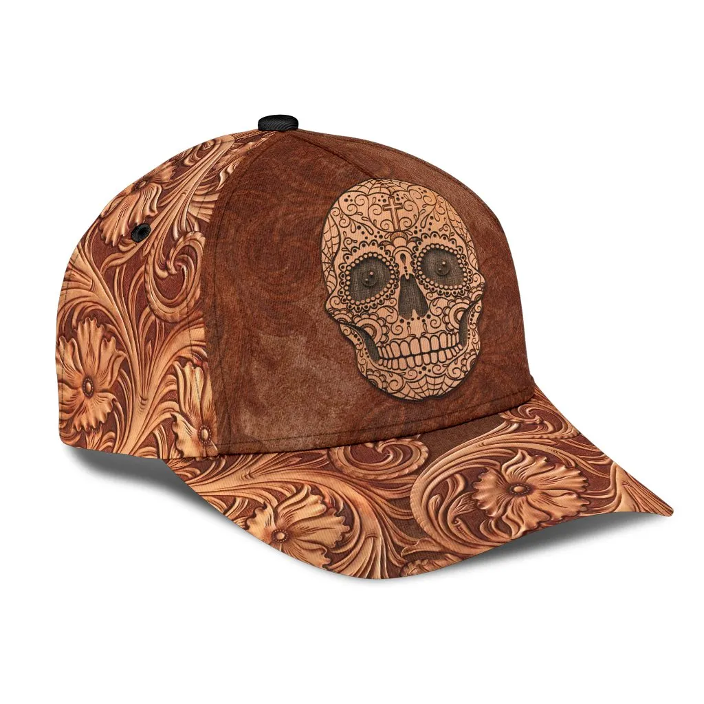 3D Skull Classic Cap Hat Brown Leather Pattern Skull On Cap Hat For Him Her