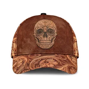 3D Skull Classic Cap Hat Brown Leather Pattern Skull On Cap Hat For Him Her