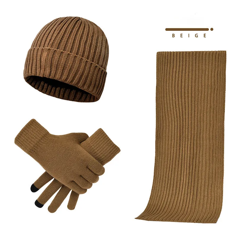 3pcs Knitted Woolen Thickened Scarf Hat Gloves Warm Set for Women Men