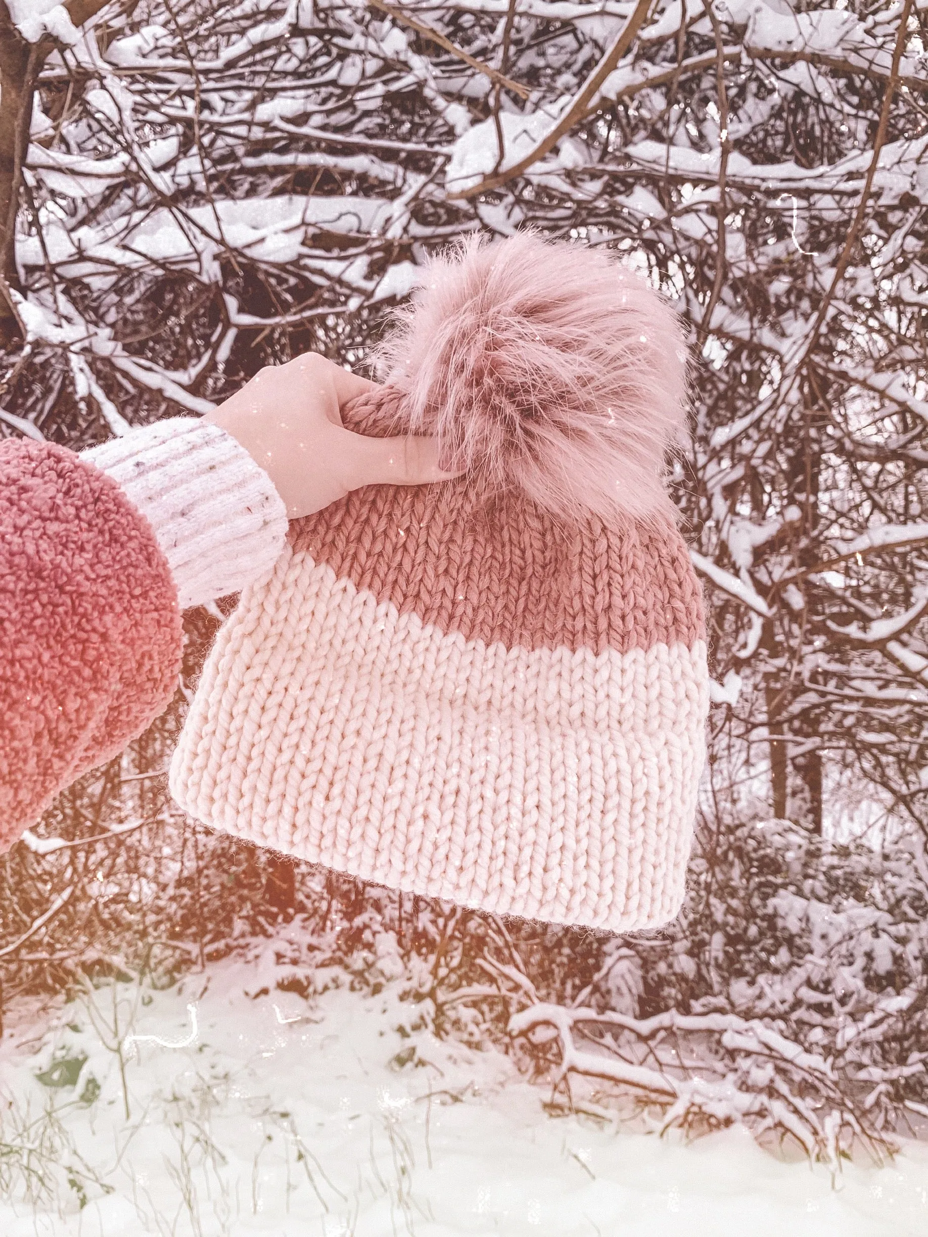 Adult Knitted Colorblock Double Brim Beanie with Faux Fur Pom Pom