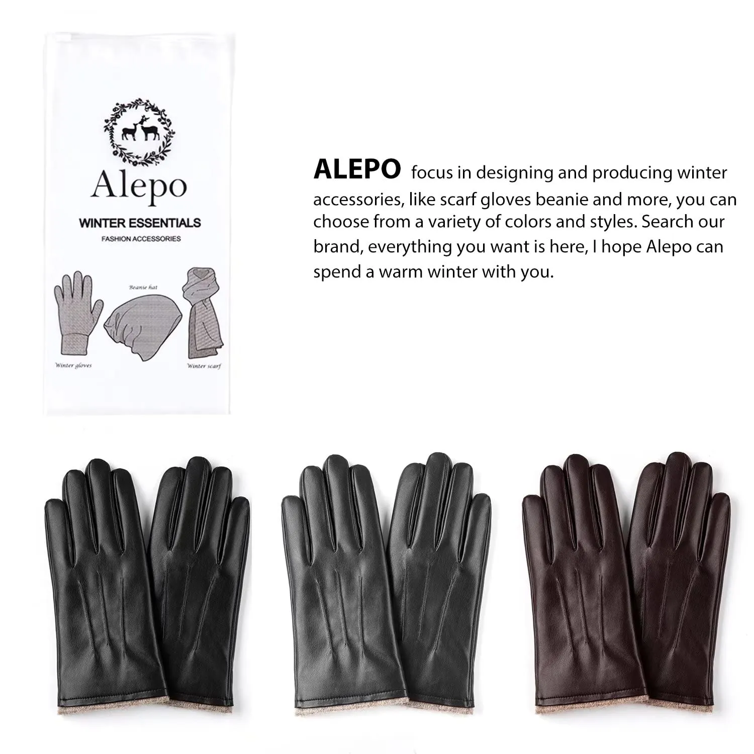 Alepo Winter PU Leather Gloves For Men, Warm Thermal Touchscreen Texting Typing Dress Driving Motorcycle Gloves With Wool Lining (Black-M)