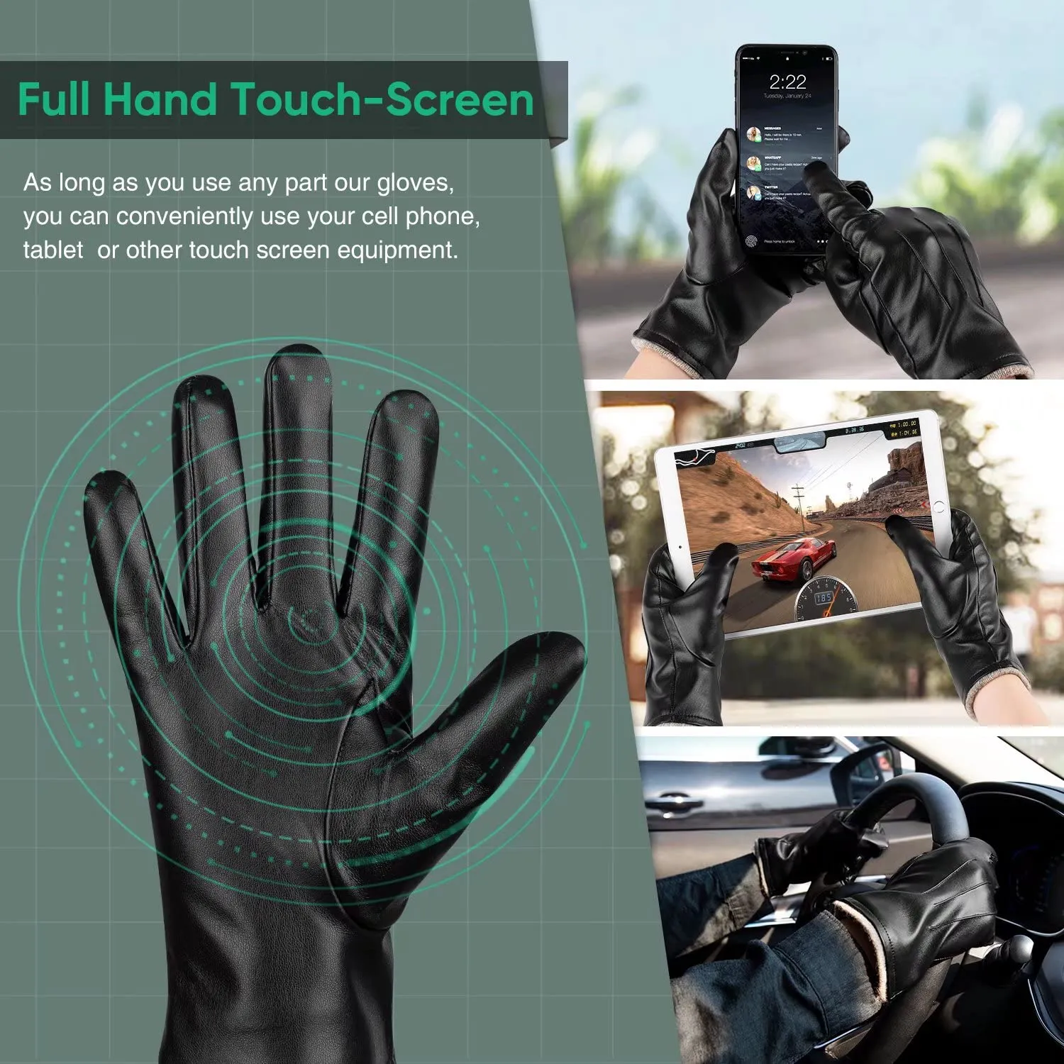 Alepo Winter PU Leather Gloves For Men, Warm Thermal Touchscreen Texting Typing Dress Driving Motorcycle Gloves With Wool Lining (Black-M)