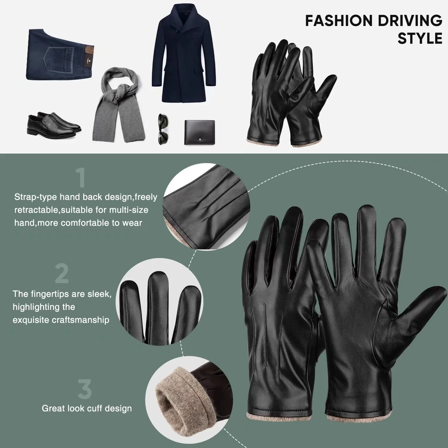 Alepo Winter PU Leather Gloves For Men, Warm Thermal Touchscreen Texting Typing Dress Driving Motorcycle Gloves With Wool Lining (Black-M)