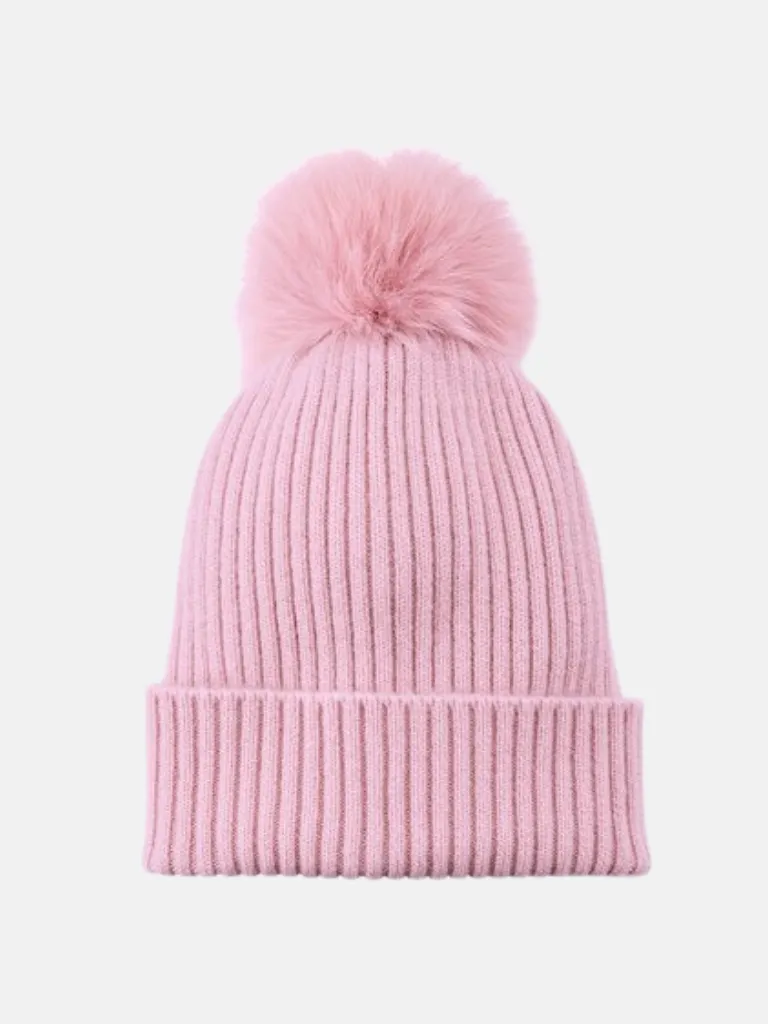 Baby Girl Ribbed Beanie Pom-pom Hat - Pink