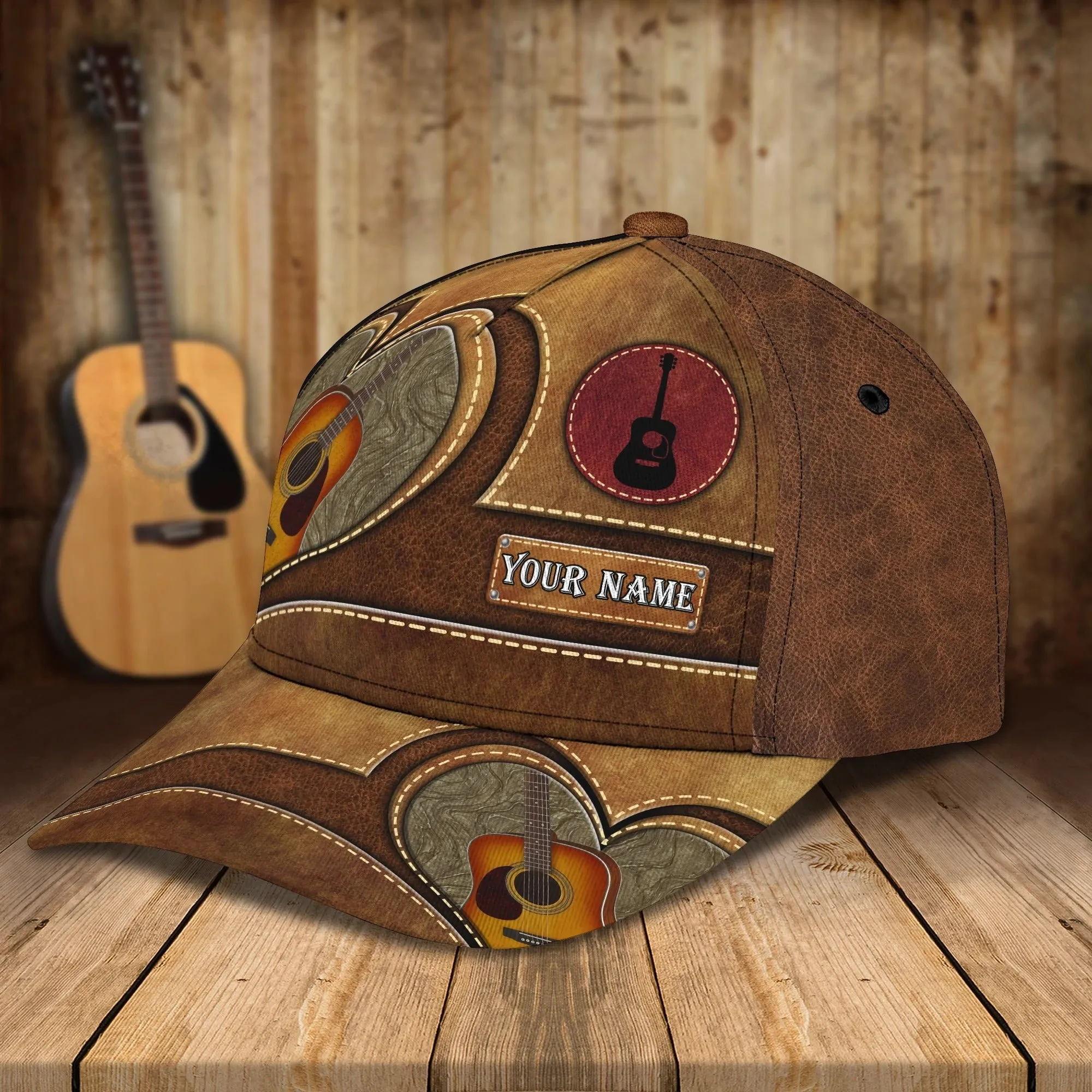 Baseball Guitar Cap Hat For Travel Summer, Guitar Cap Leather Brown Pattern, Best Gift To Guitarist