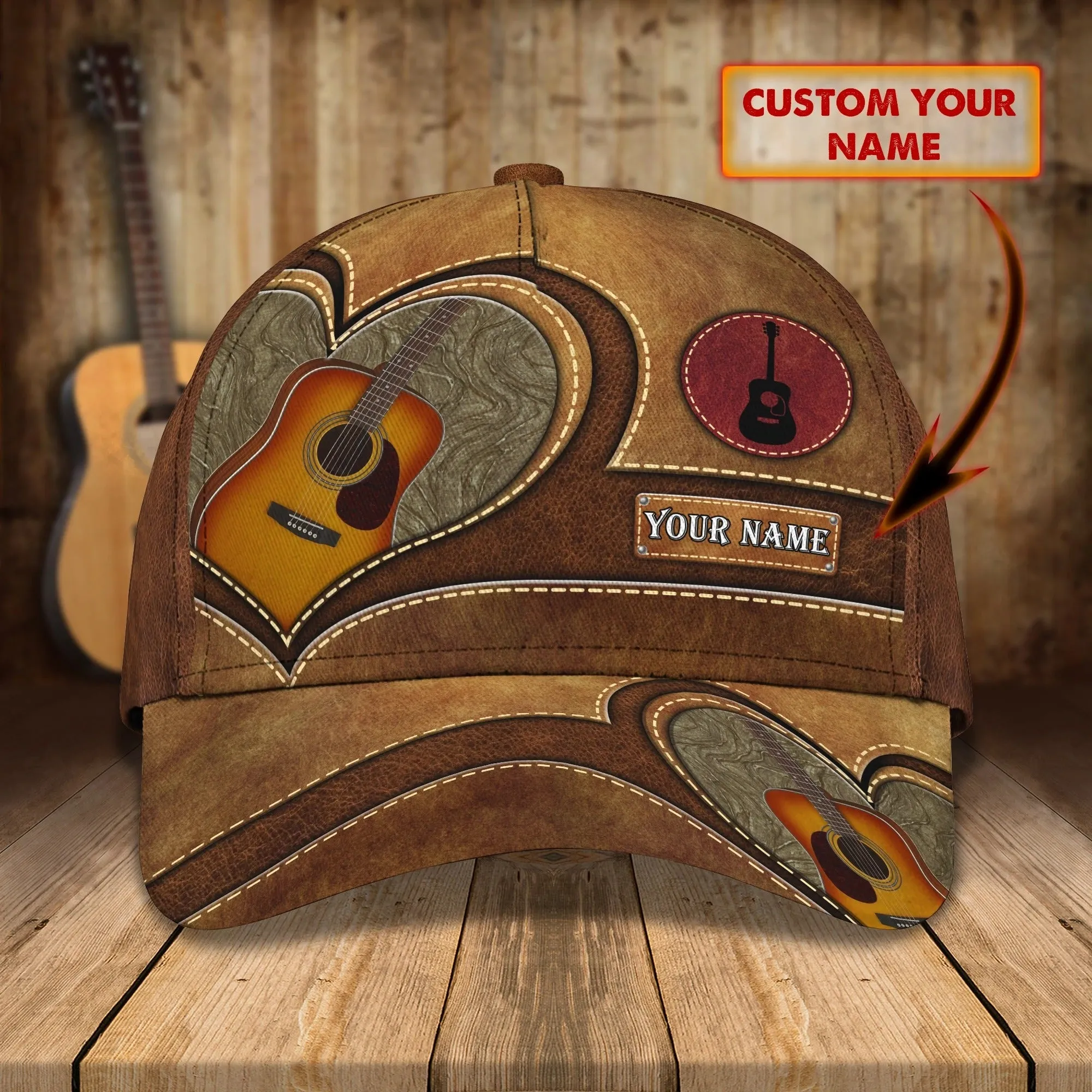 Baseball Guitar Cap Hat For Travel Summer, Guitar Cap Leather Brown Pattern, Best Gift To Guitarist