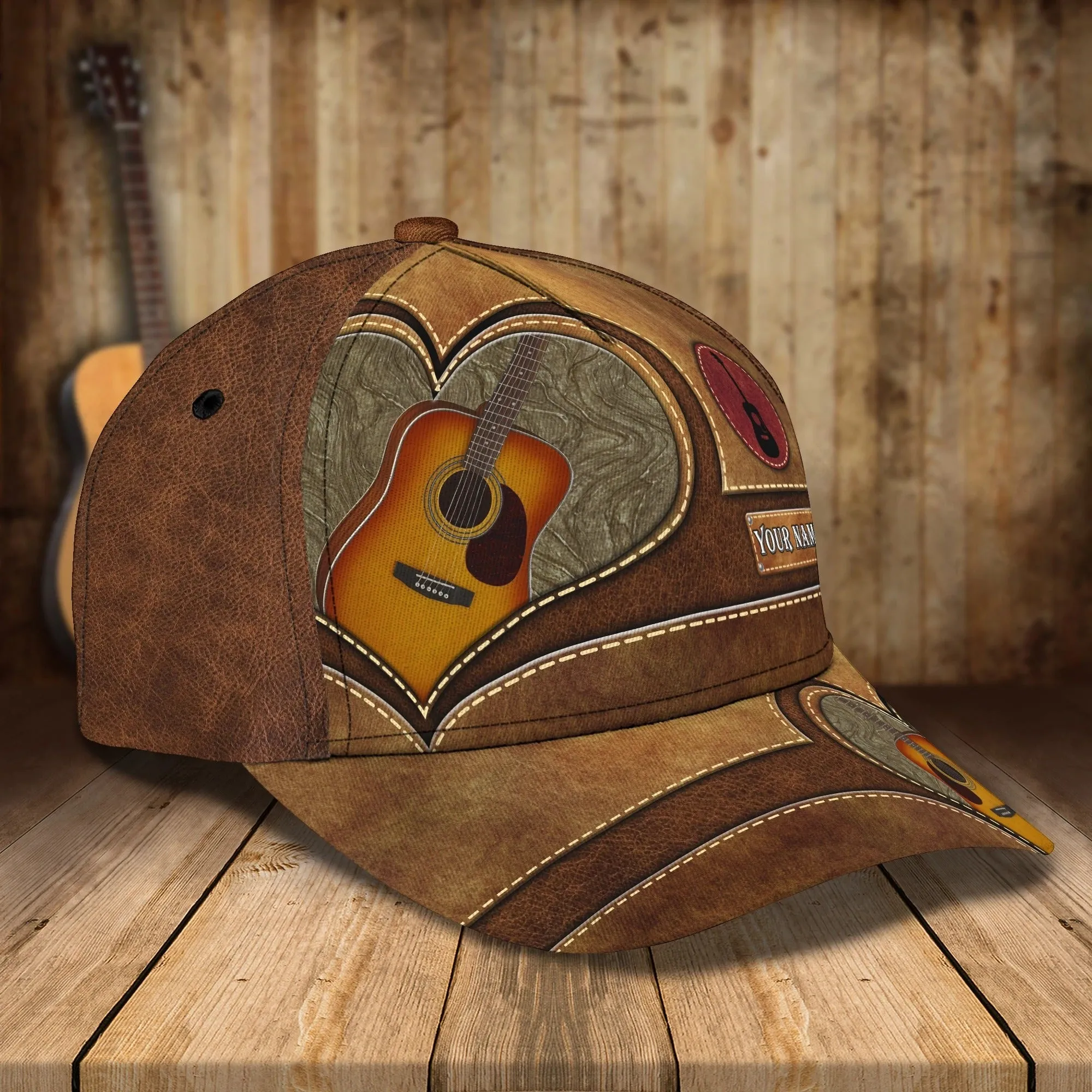 Baseball Guitar Cap Hat For Travel Summer, Guitar Cap Leather Brown Pattern, Best Gift To Guitarist