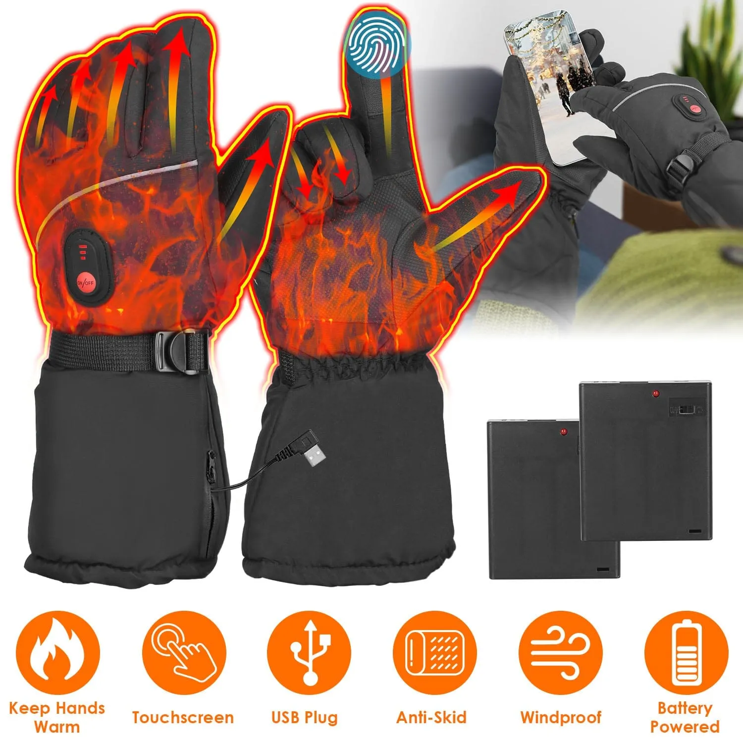 Battery Powered USB Touchscreen Thermal Gloves