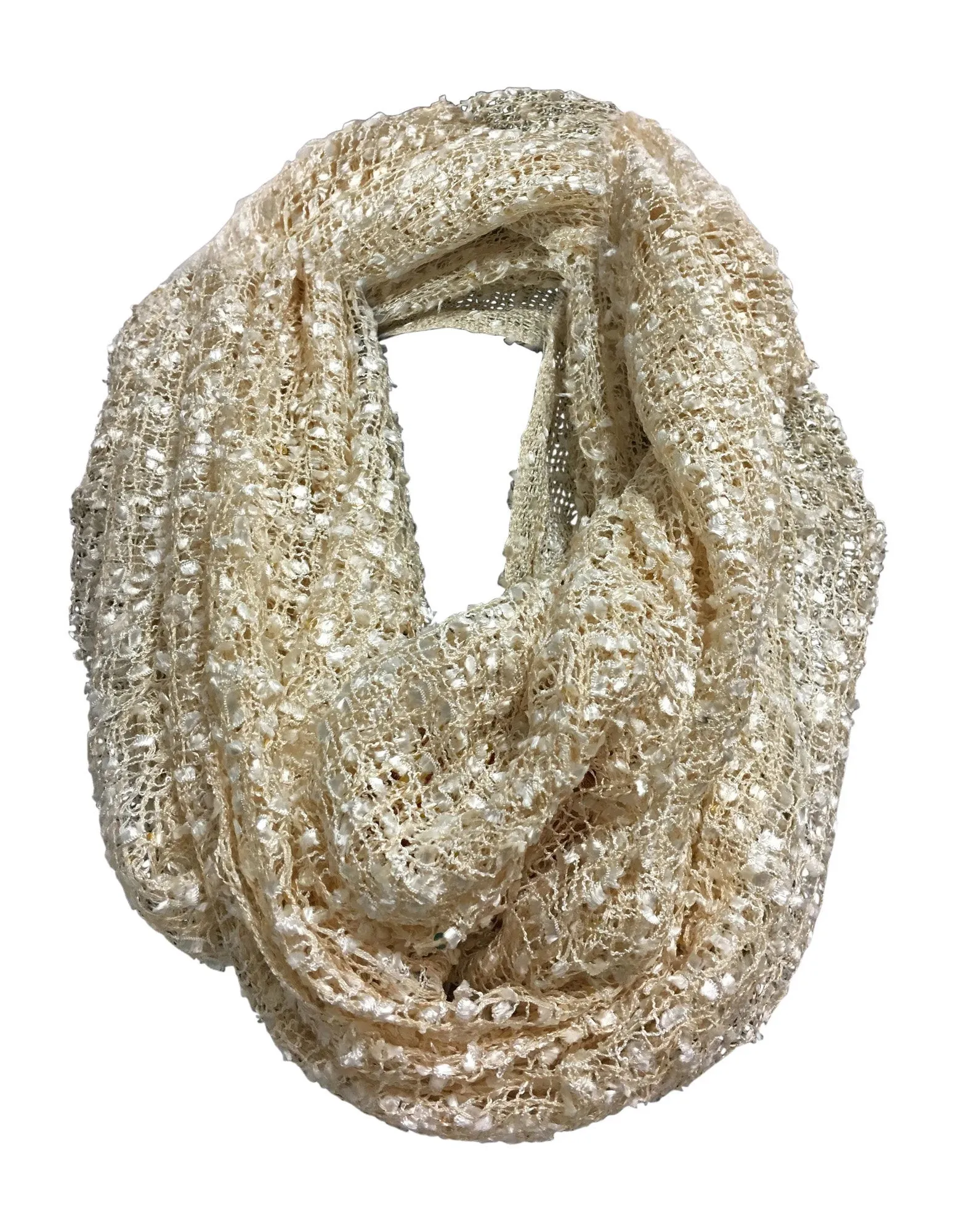 Beige Confetti Open Weave Shimmering Loop Long Infinity Scarf Muffler Stole JK142