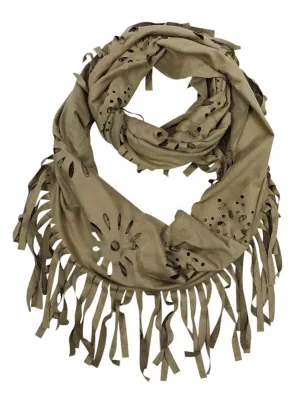 Beige Faux Suede Bohemian Fringe Infinity Scarf