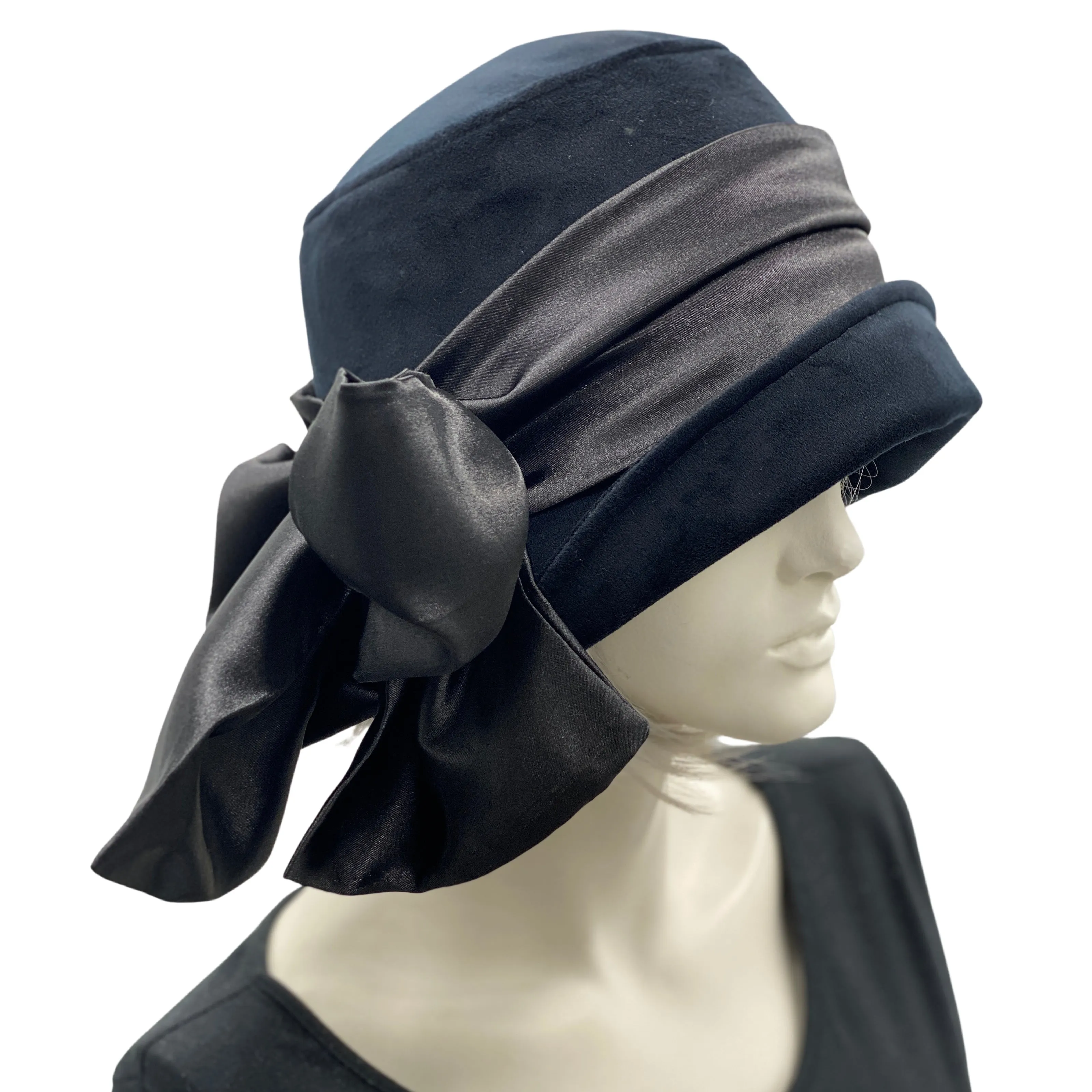 Black Velvet Cloche Hat with Satin Bow Scarf | The Eleanor