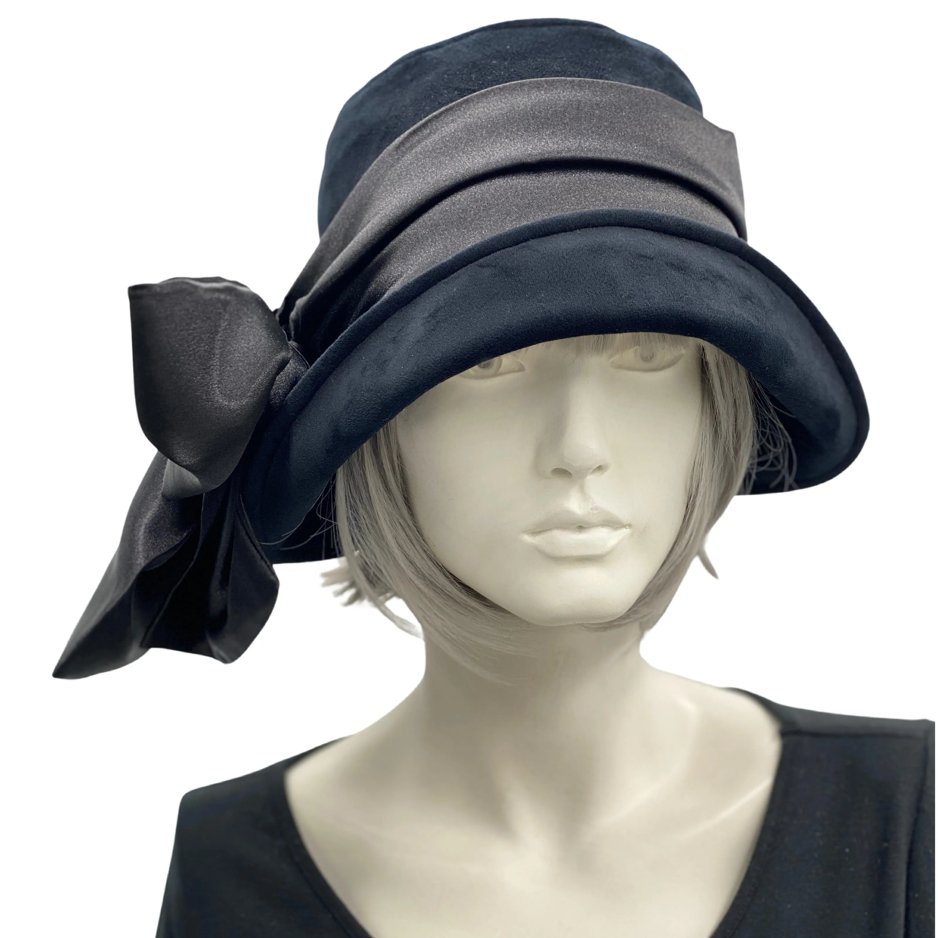 Black Velvet Cloche Hat with Satin Bow Scarf | The Eleanor