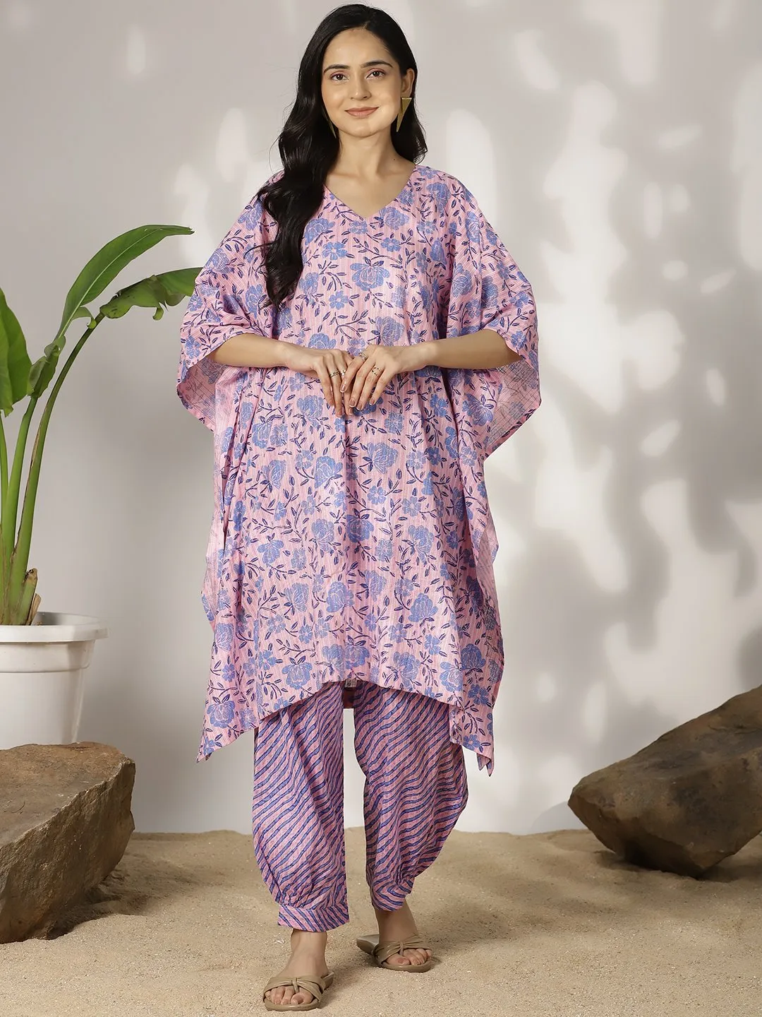 BlueFloral Cotton LongKaftan & Striped AfghaniSalwar