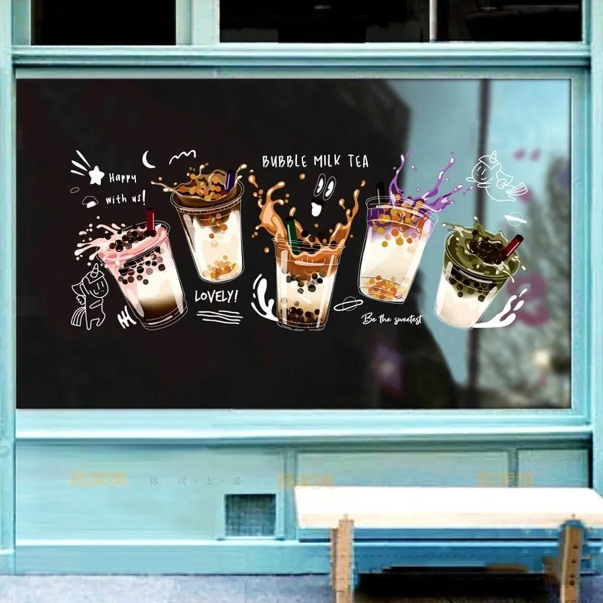 Boba Store Decorative Static Glass Film Cling Non-Adhesive