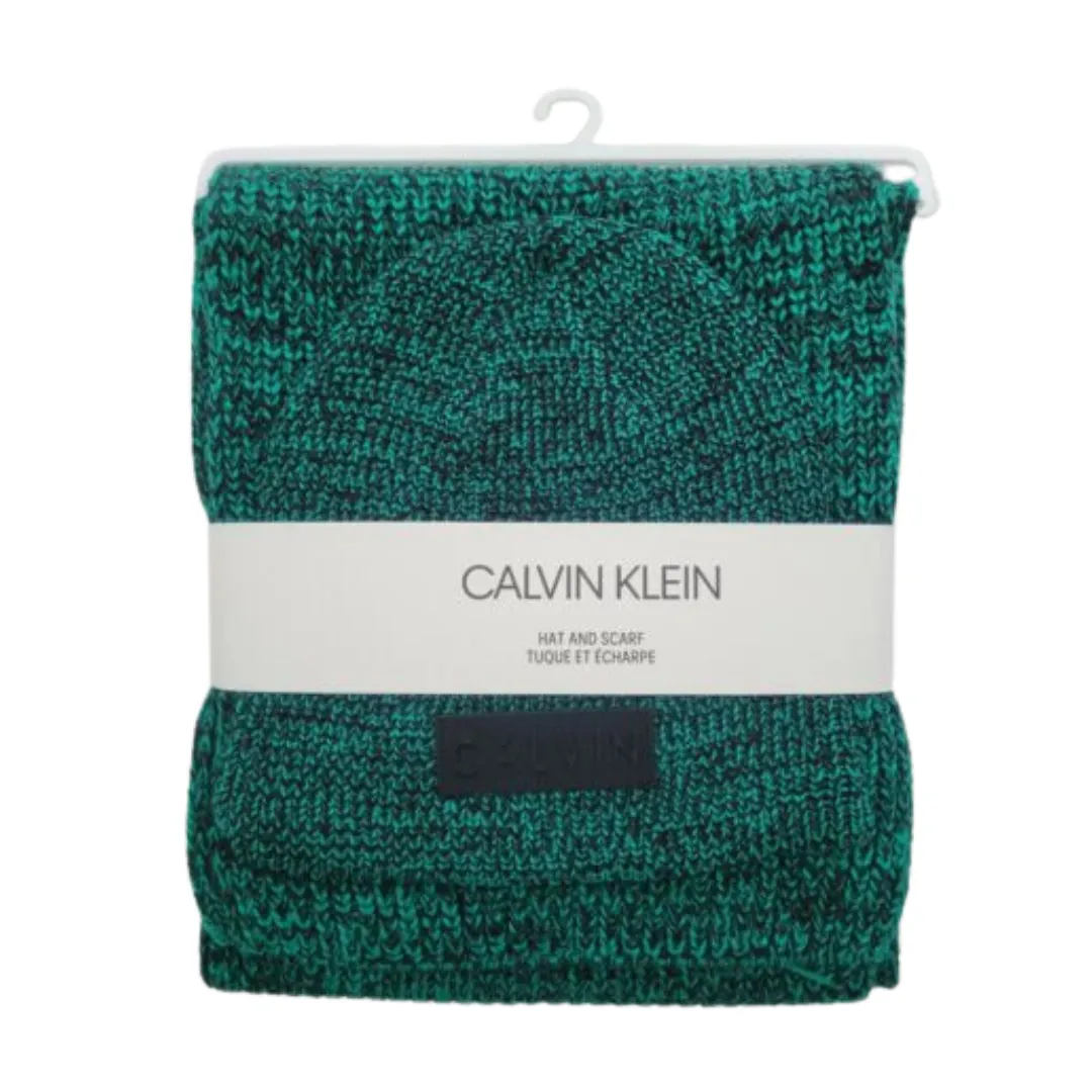 CALVIN KLEIN Men's Winter Knitted Scarf & Beanie Set with Logo in Green