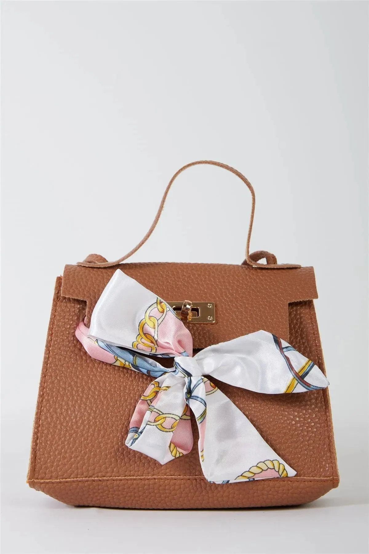 Camel Satin Printed Twilly Scarf Flap Satchel Handbag