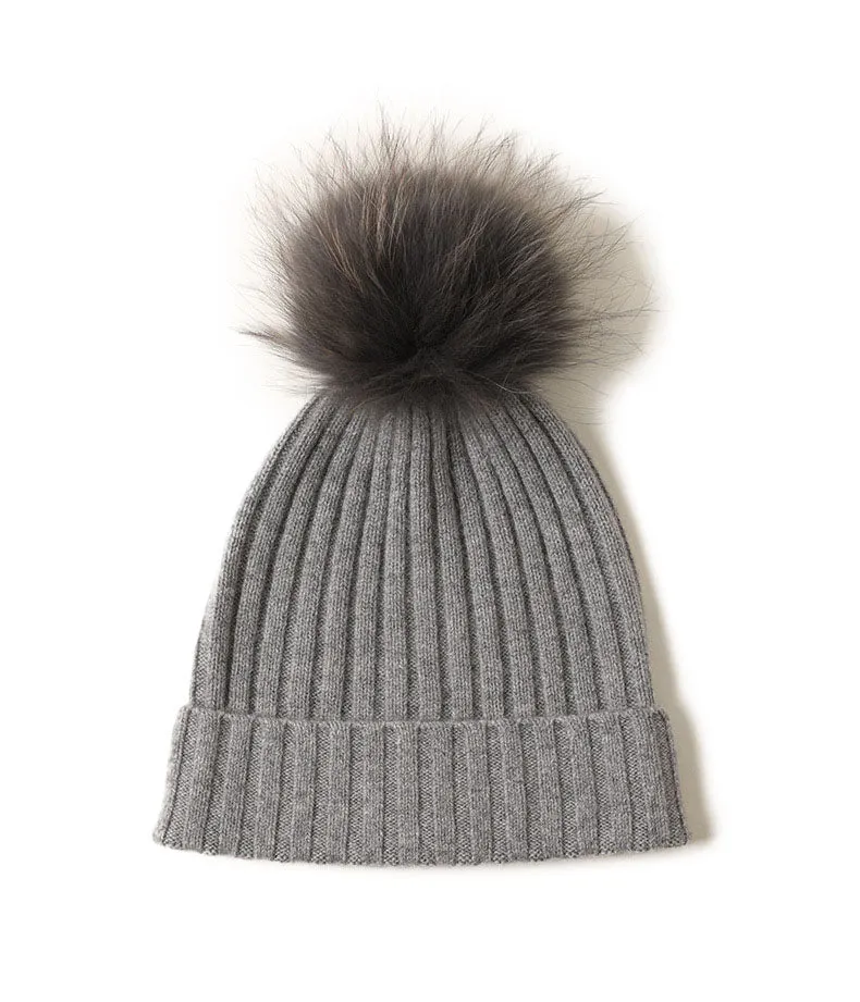 Cashmere Ribbed Beanie with Eco PomPom Mont Blanc Grey - Soft & Warm