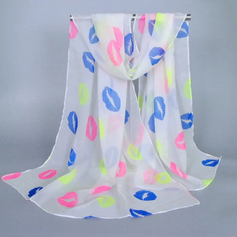 Charming Hot Silk chiffon Blending love on the lips Pattern, Bow hot Scarf Thin Long Wrap Scarves for Girls and Ladies