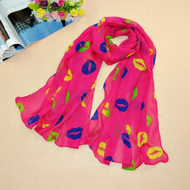 Charming Hot Silk chiffon Blending love on the lips Pattern, Bow hot Scarf Thin Long Wrap Scarves for Girls and Ladies