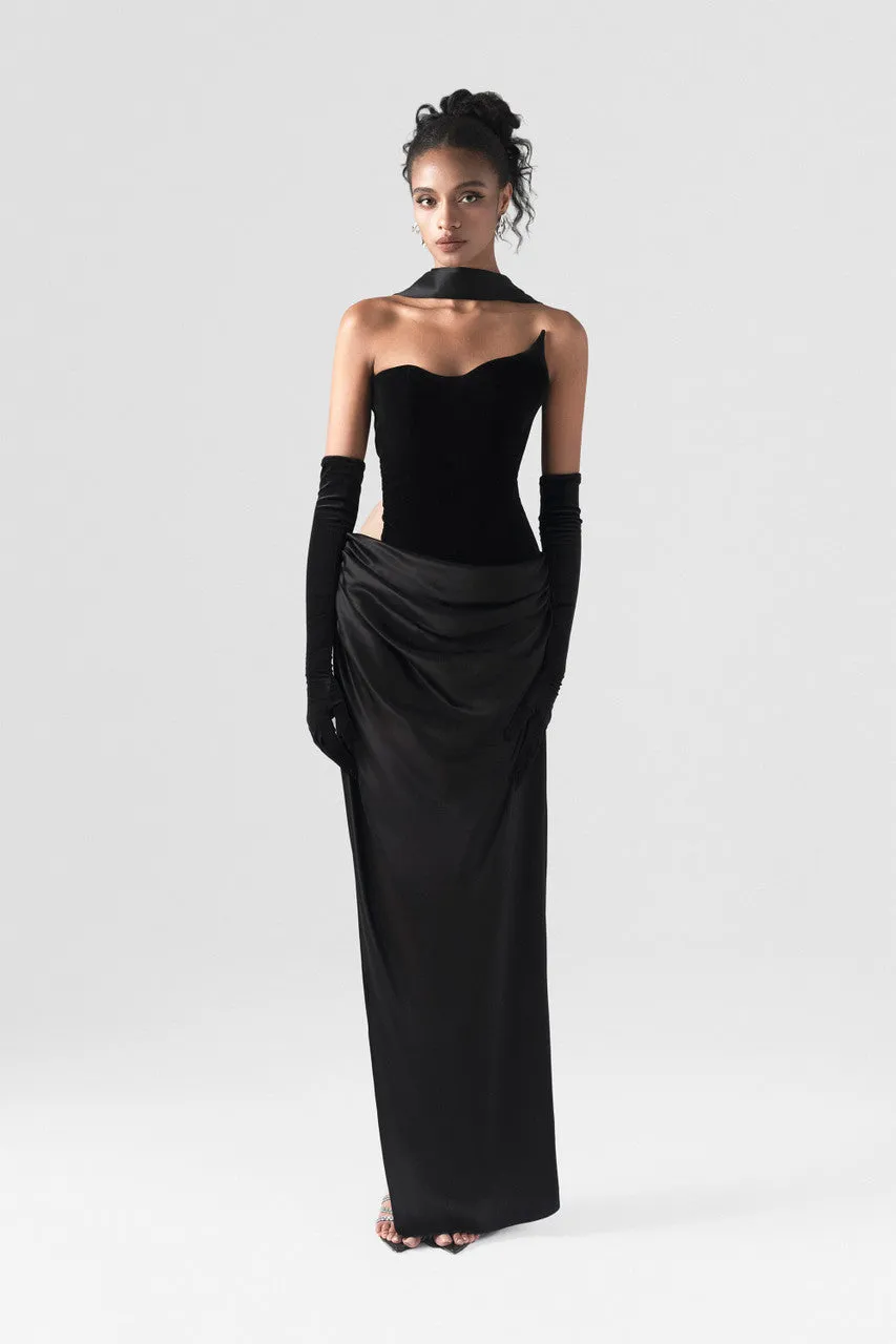 Corset Silk Velvet Gown With Scarf & Gloves