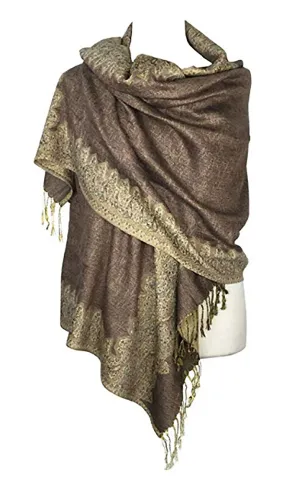 DB003-12 Camel (Khaki Beige) Border Print Pashmina Scarf