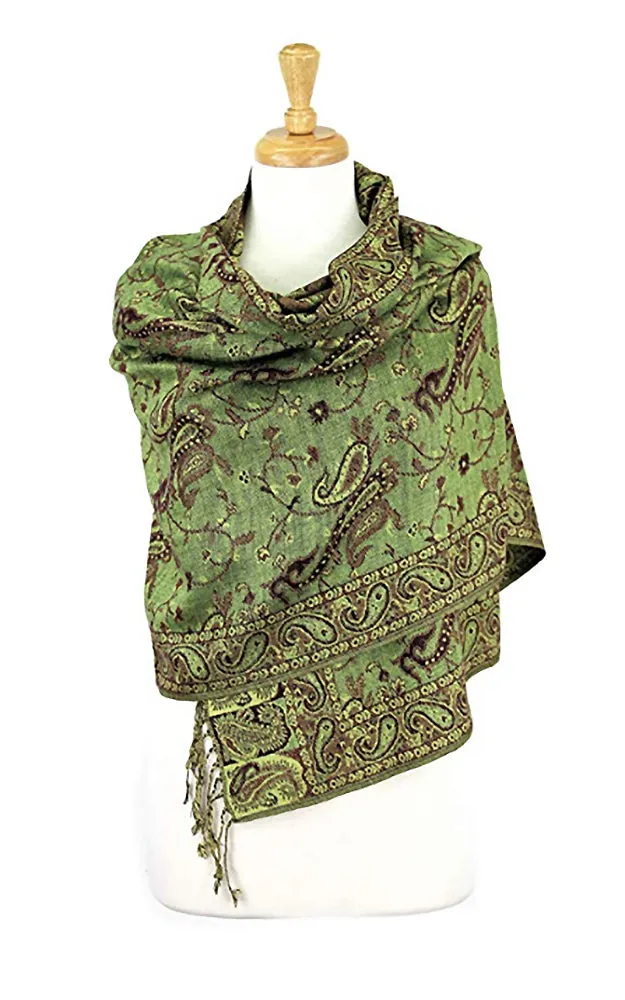 DB023-17 Green Paisley Print Pashmina Scarf