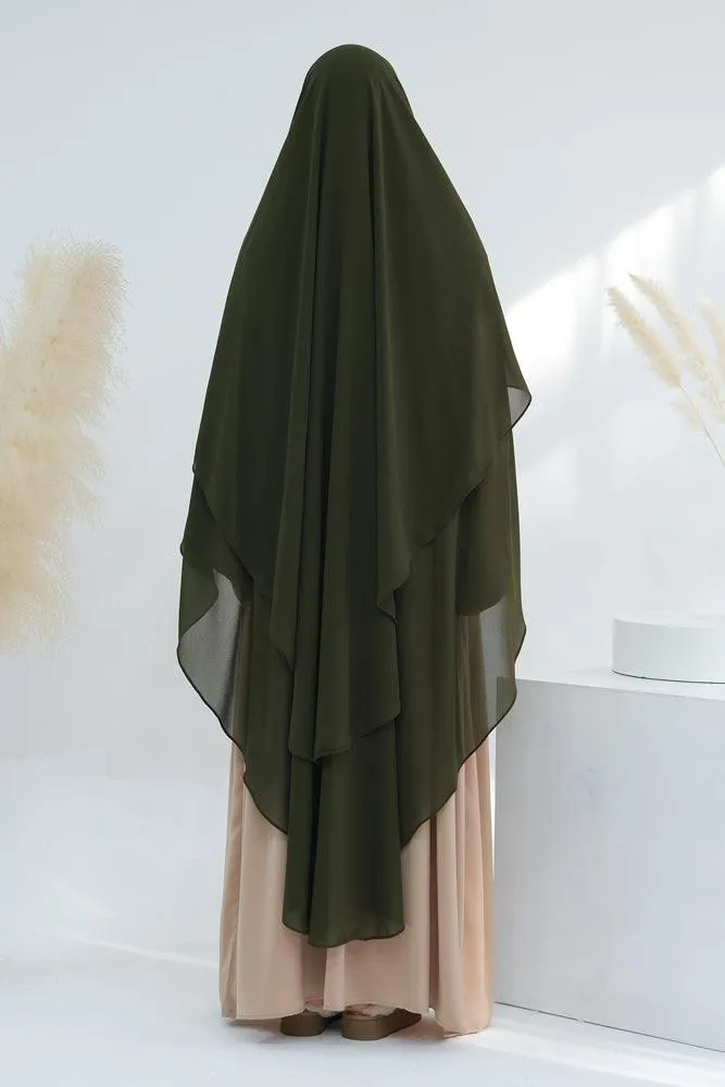 Elegant Olive Green Two-Layer Chiffon Extra Long Scarf