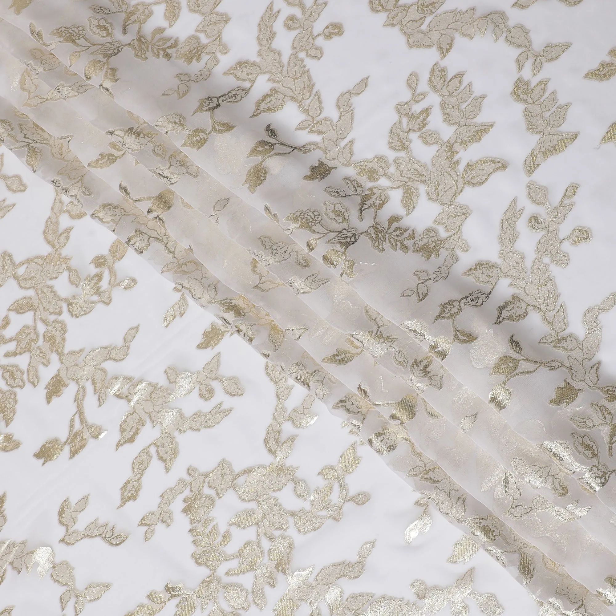 Elegant White Silk Chiffon Fabric with Metallic Lurex Floral Design, 110 cm Width, South Korea-D19720