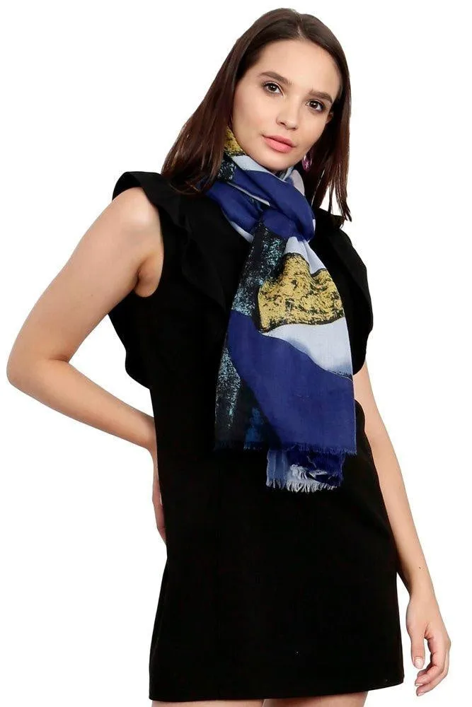 FabSeasons Blue Cotton Viscose Colorful Printed Soft & Stylish Scarf