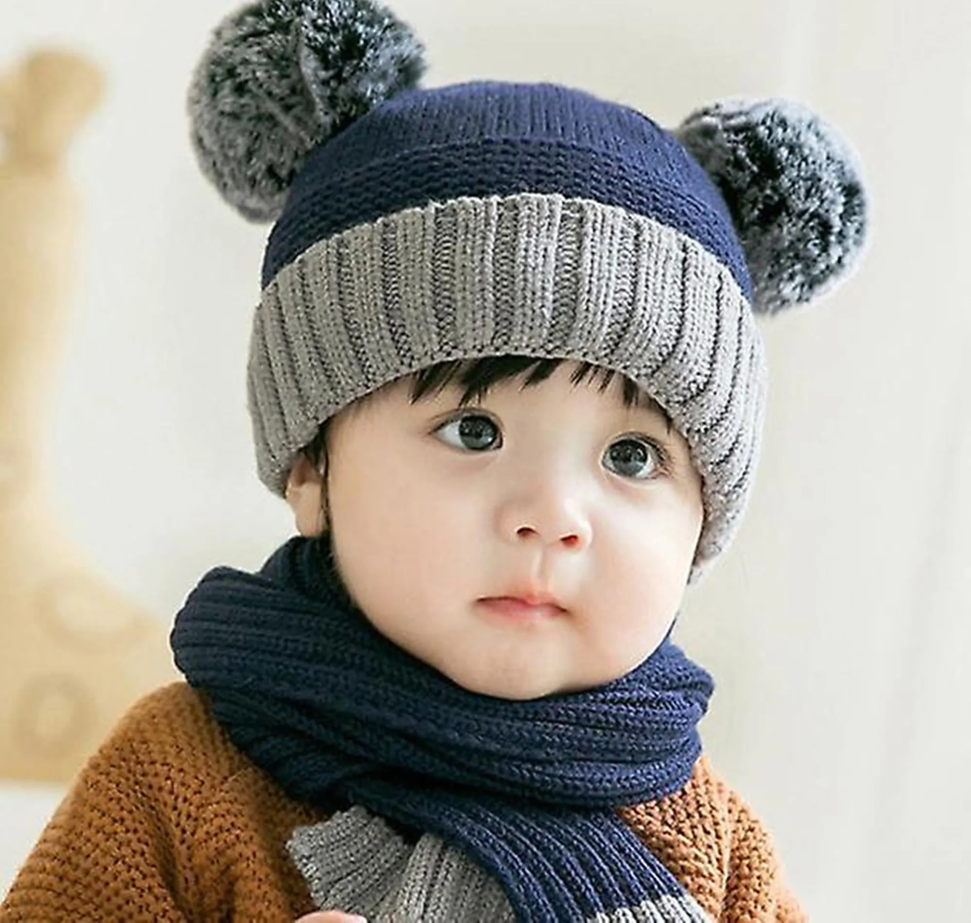 FabSeasons Kids Winter Skull / Beanie caps with scarf Set, fits for 6 Months - 3 Years Old Baby Boys & Girls / Toddler