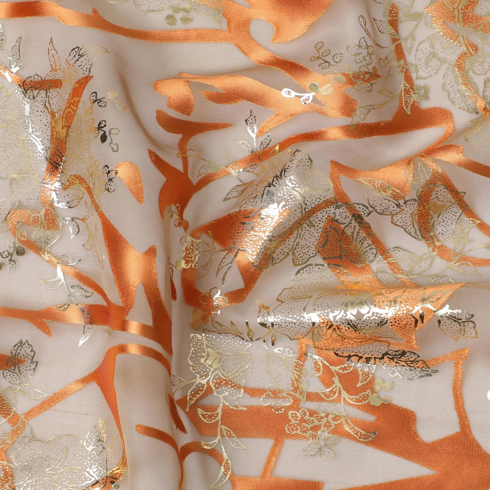 Golden Whispers Silk Chiffon Fabric - Opulent Metallic Motifs, 110cm Width (South Korea)  - D17655