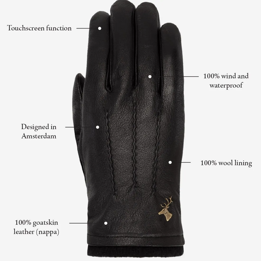 Harvey (black) - goatskin leather gloves with luxurious wool lining & touchscreen feature