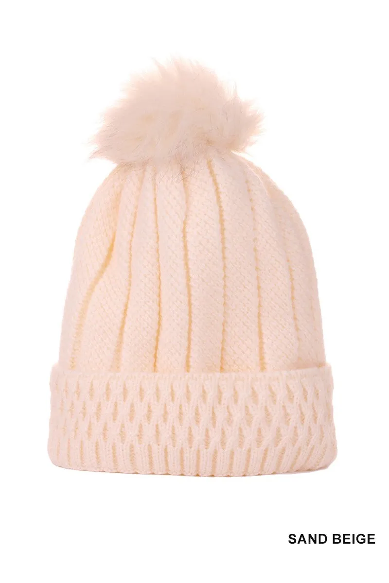 Knitted Pom Pom Beanie Hat - Sand Beige**