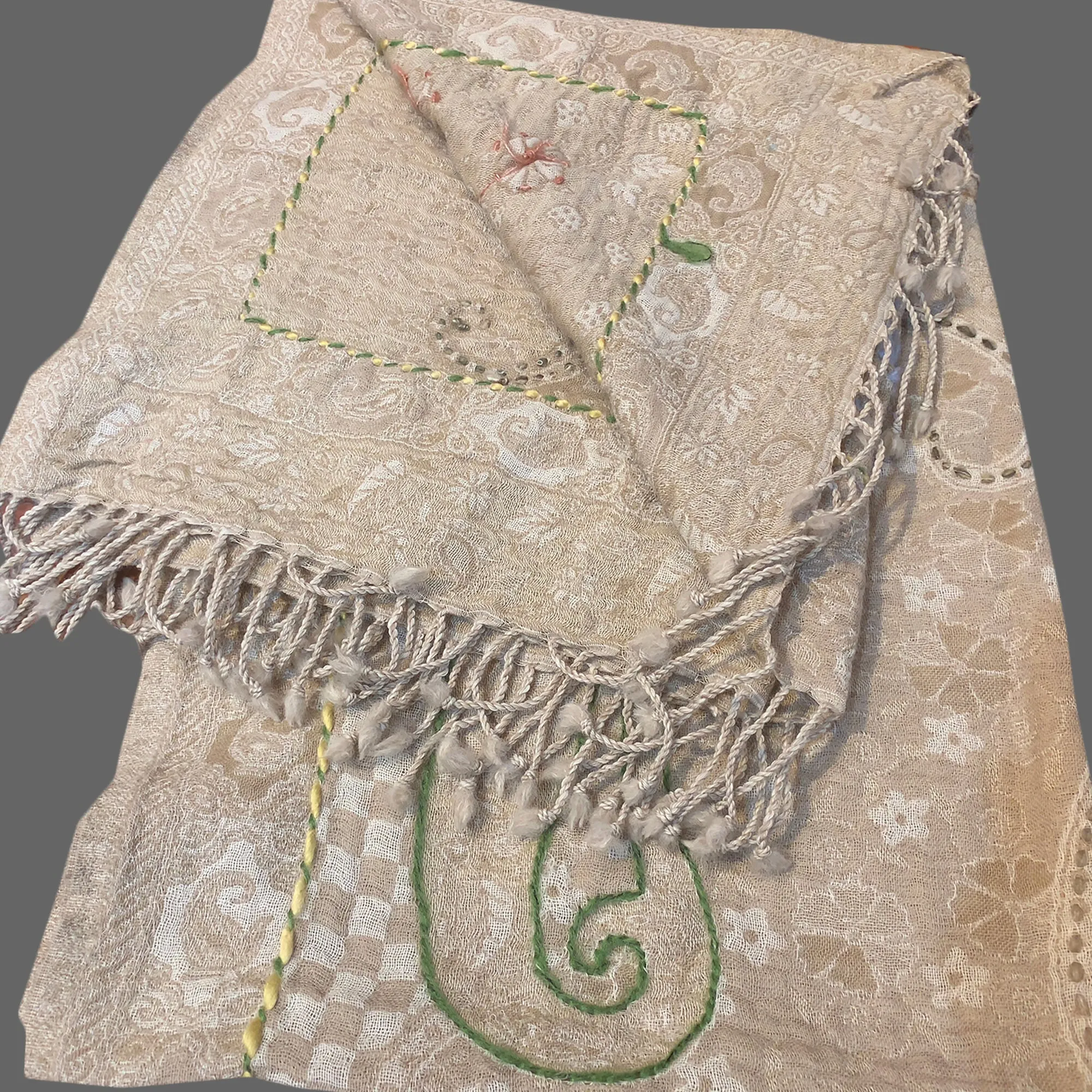 Light Brown Embroidered scarf shawl Fringed