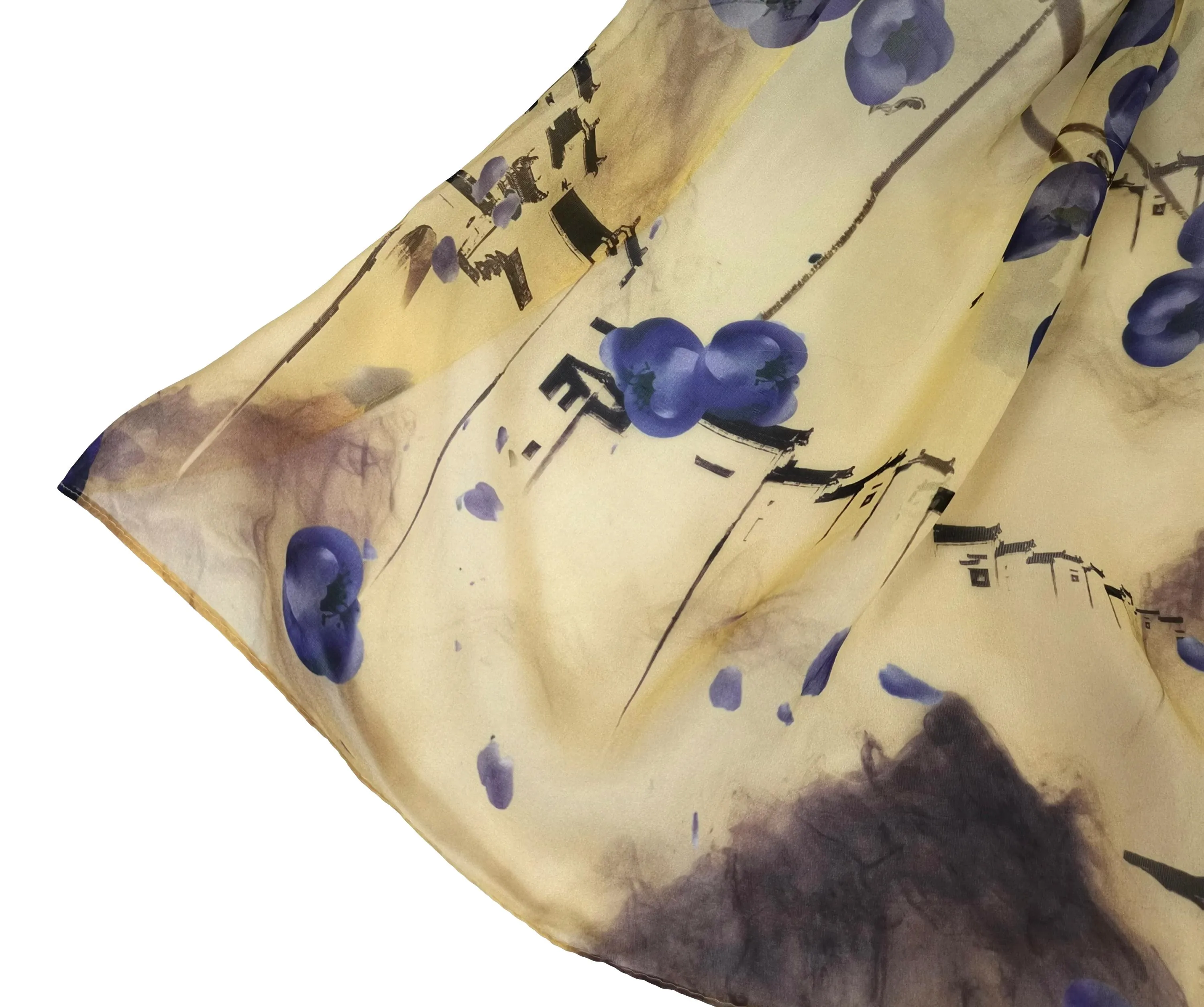 Long Silk Chiffon Scarf Beige Theme Floral Print SCH317