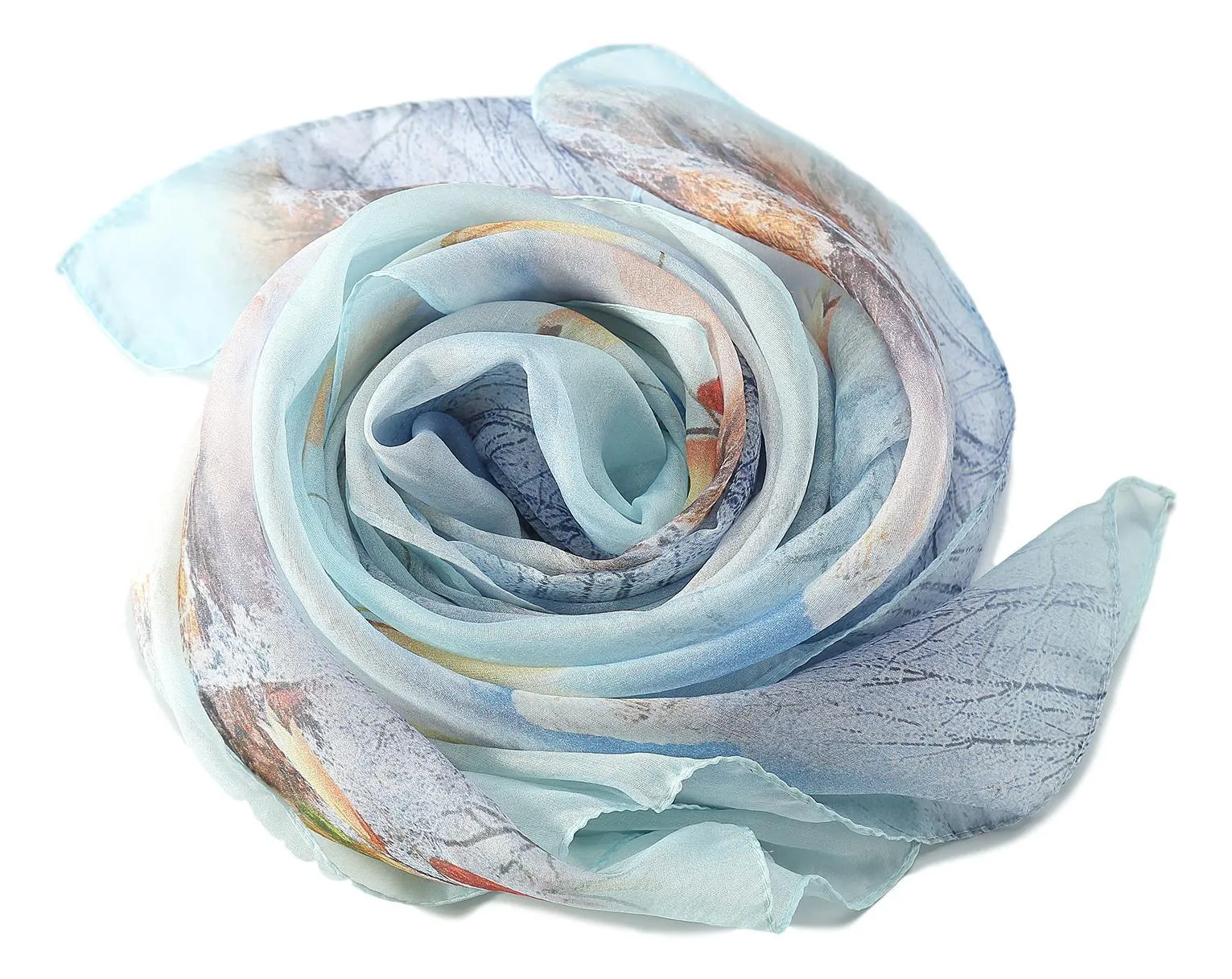 Long Silk Chiffon Scarf Light Blue Theme Floral Print SCH314