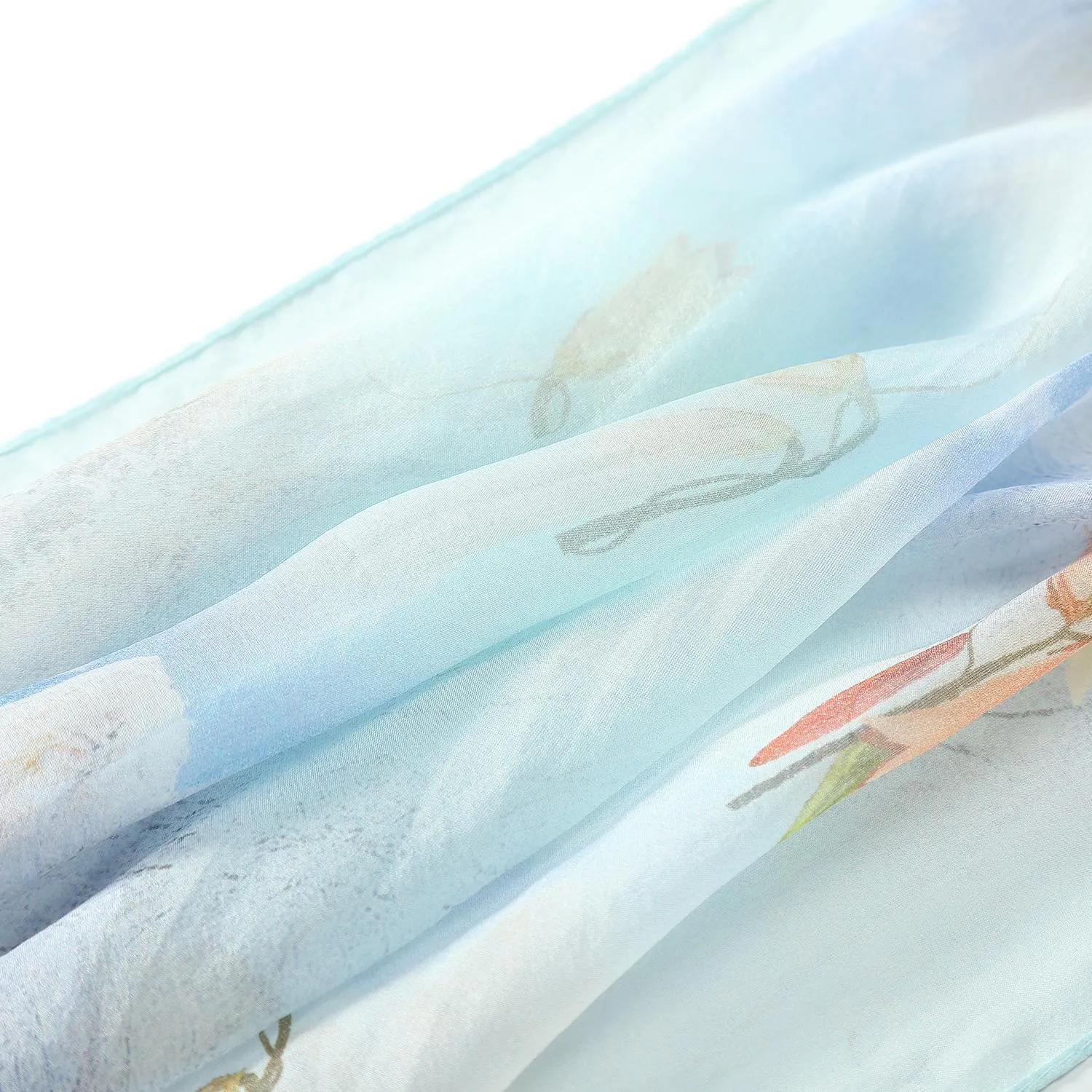 Long Silk Chiffon Scarf Light Blue Theme Floral Print SCH314