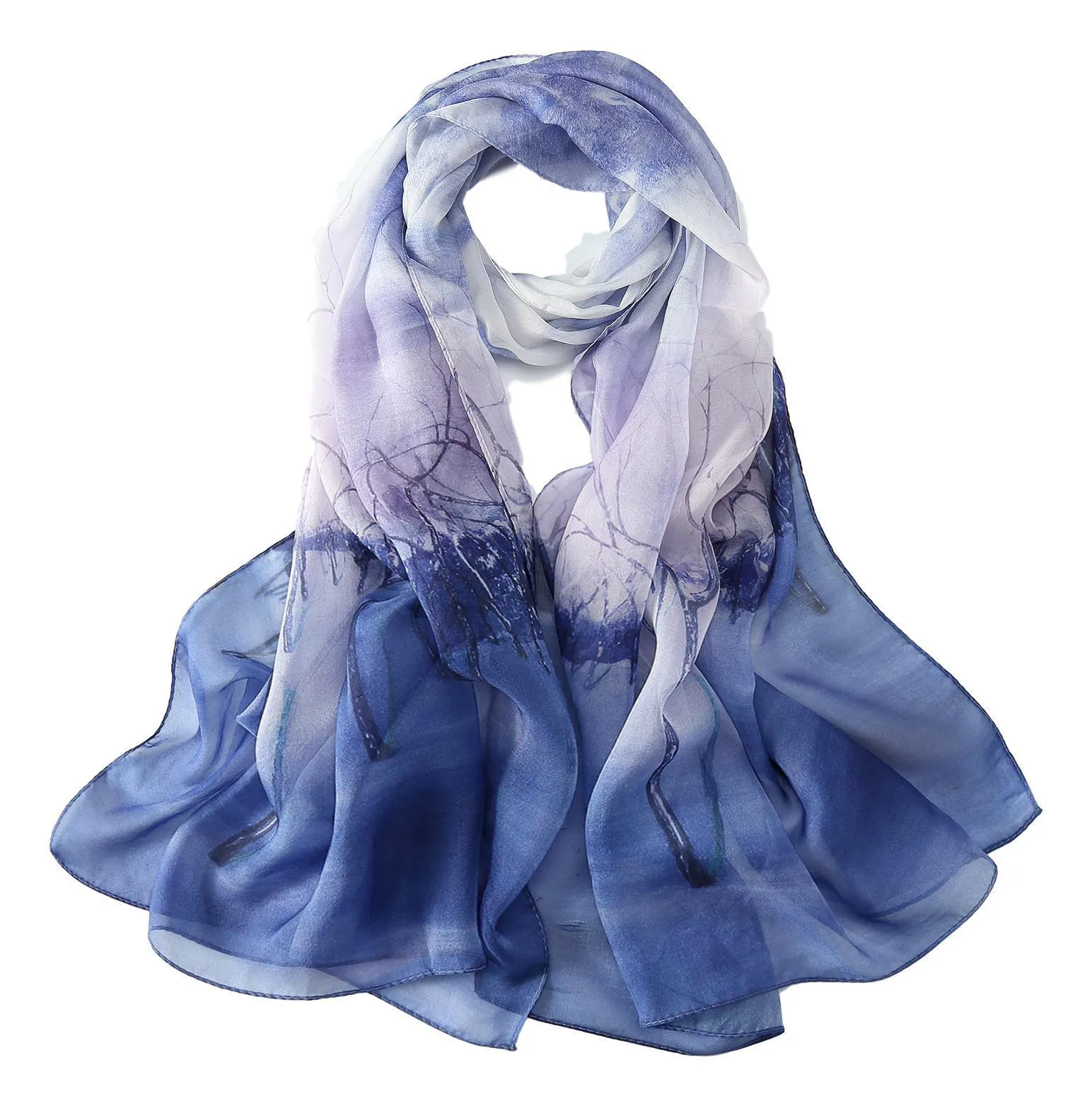 Long Silk Chiffon Scarf Navy Theme Floral Print SCH301