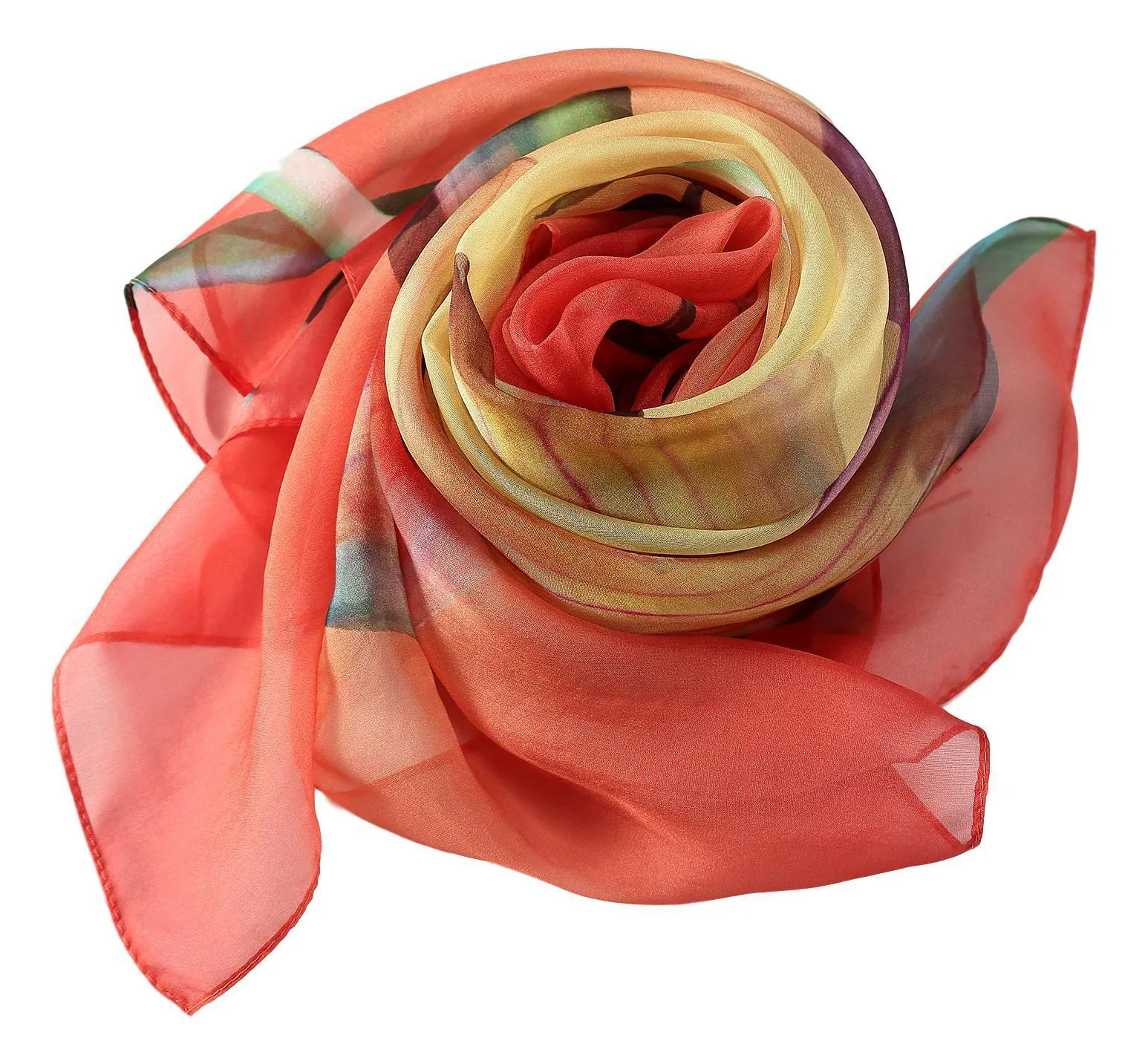 Long Silk Chiffon Scarf Red and Yellow Floral Print SCH315