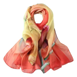 Long Silk Chiffon Scarf Red and Yellow Floral Print SCH315