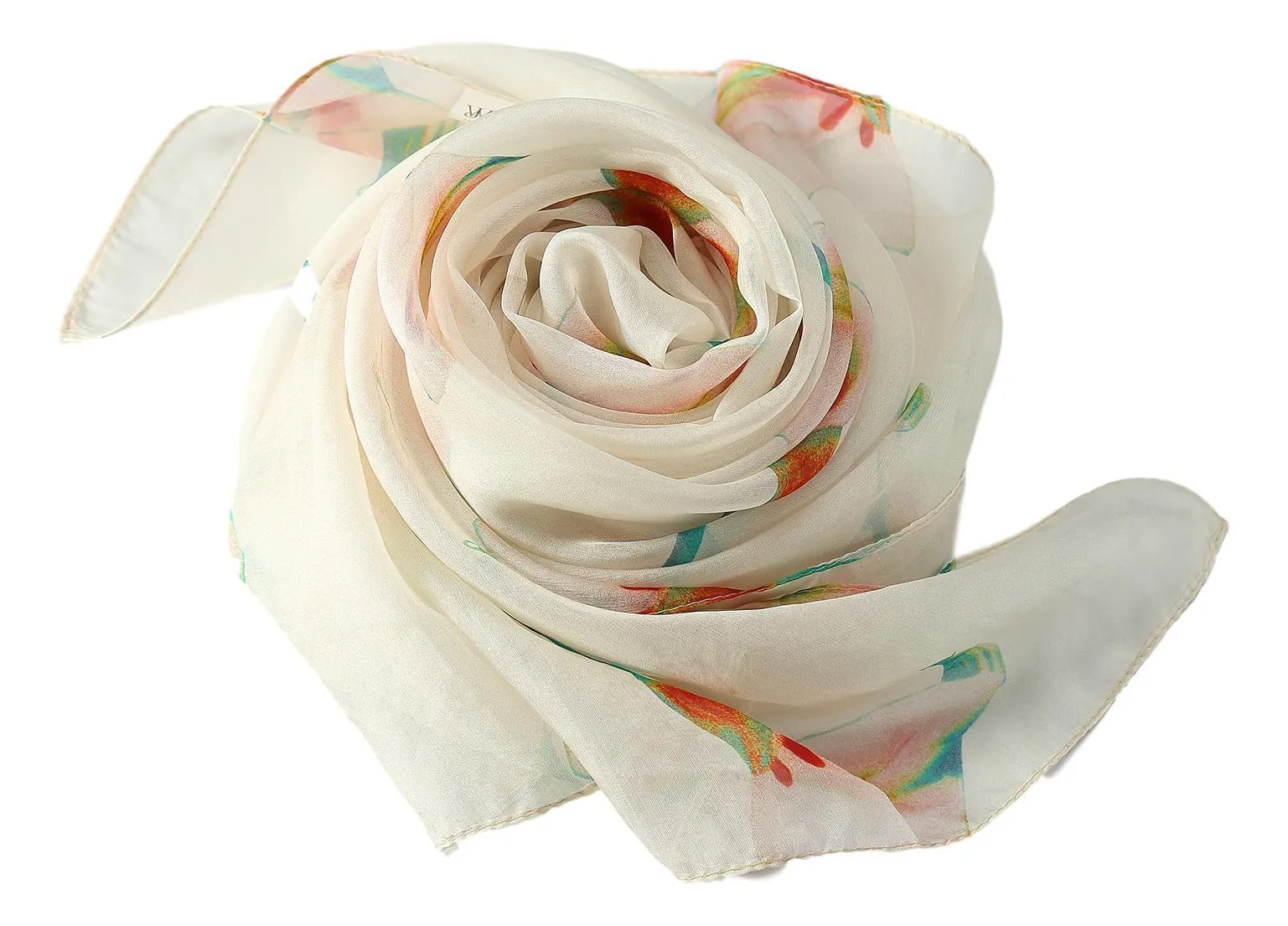 Long Silk Chiffon Scarf White Theme Floral Print SCH311