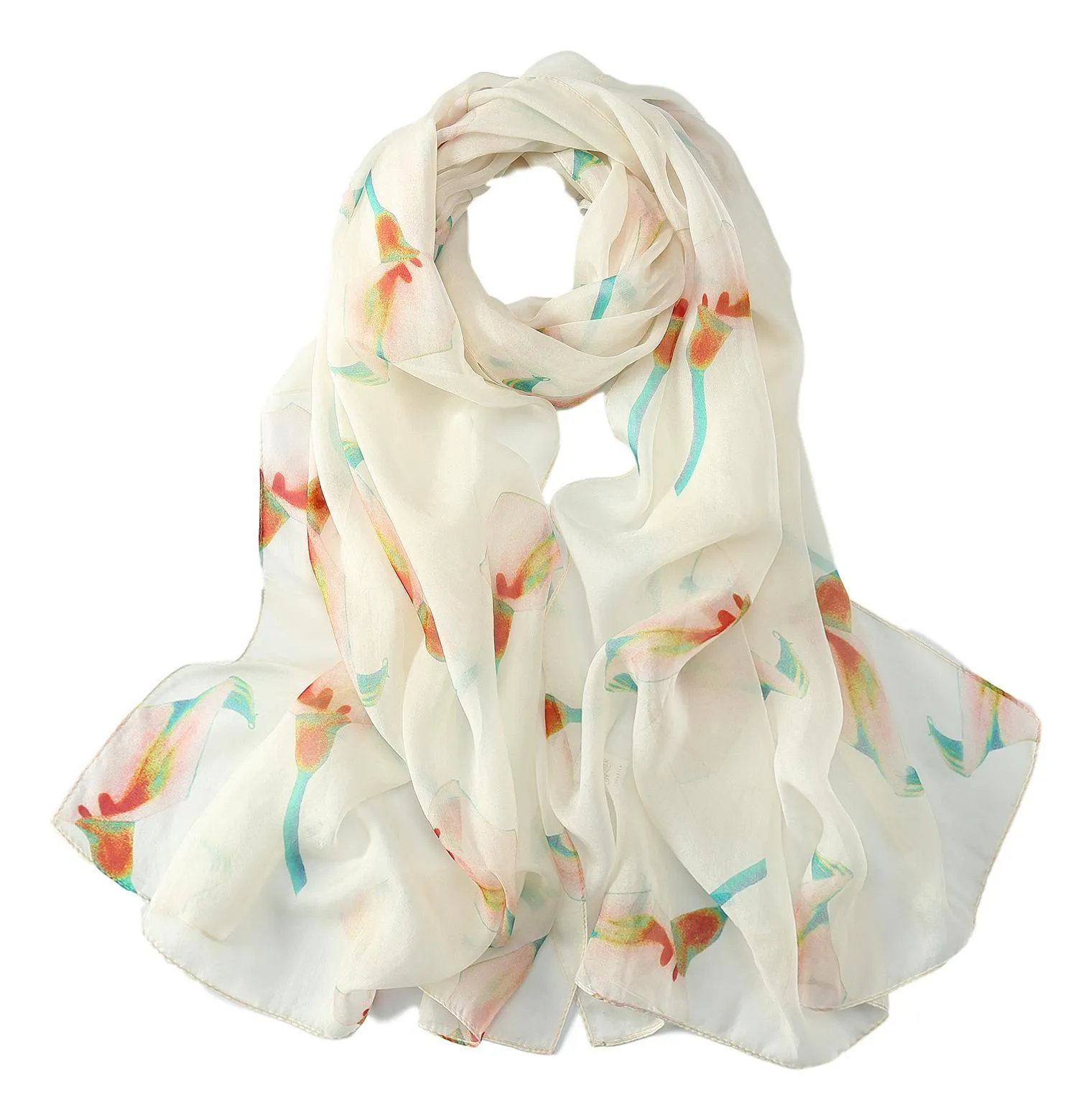 Long Silk Chiffon Scarf White Theme Floral Print SCH311