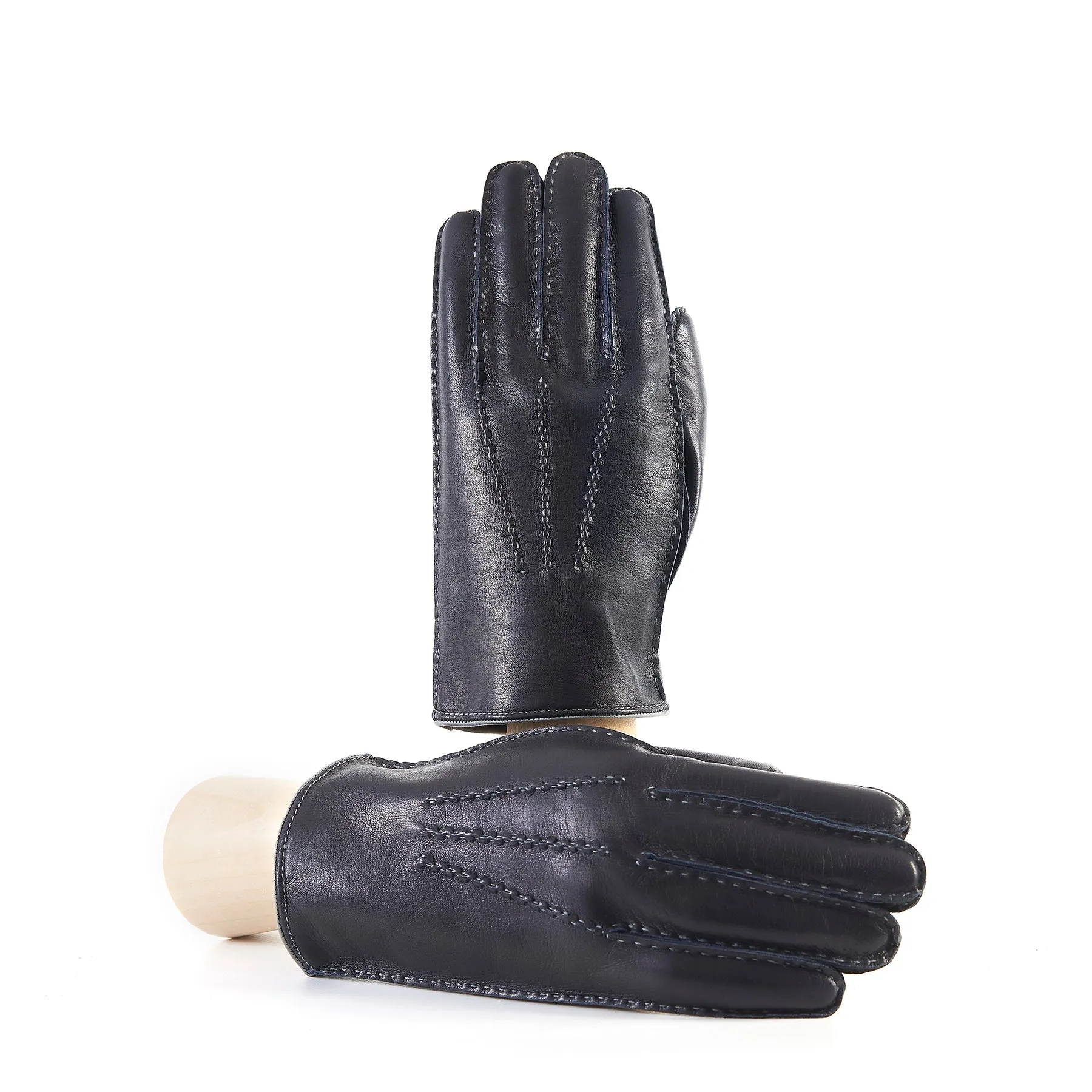 Men's fully hand-stitched blue nappa leather gloves and cashmere lining