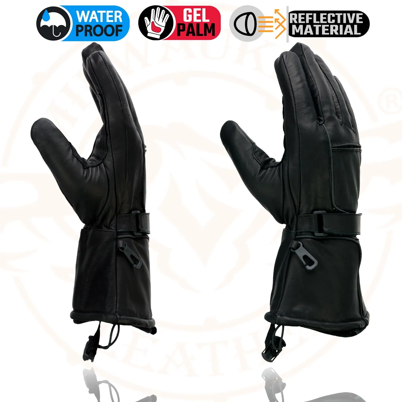 Milwaukee Leather Men's Black Soft Leather Gauntlet Motorcycle Hand Gloves-Waterproof Gel Palm Reflective Piping SH873