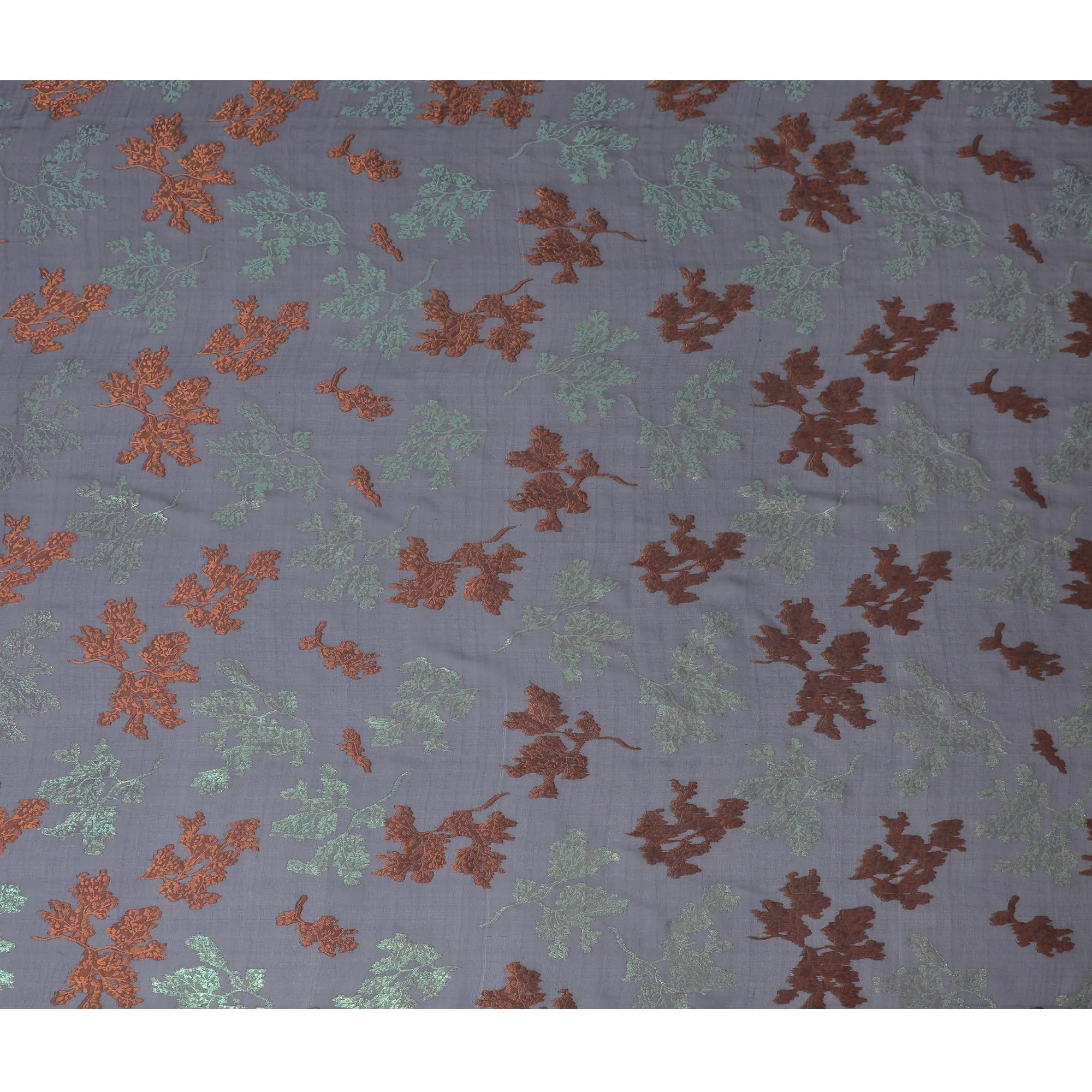 Navy Blue Silk Chiffon Fabric with Copper and Green Lurex Leaves, 110 cm Width - Imported from South Korea-D20234