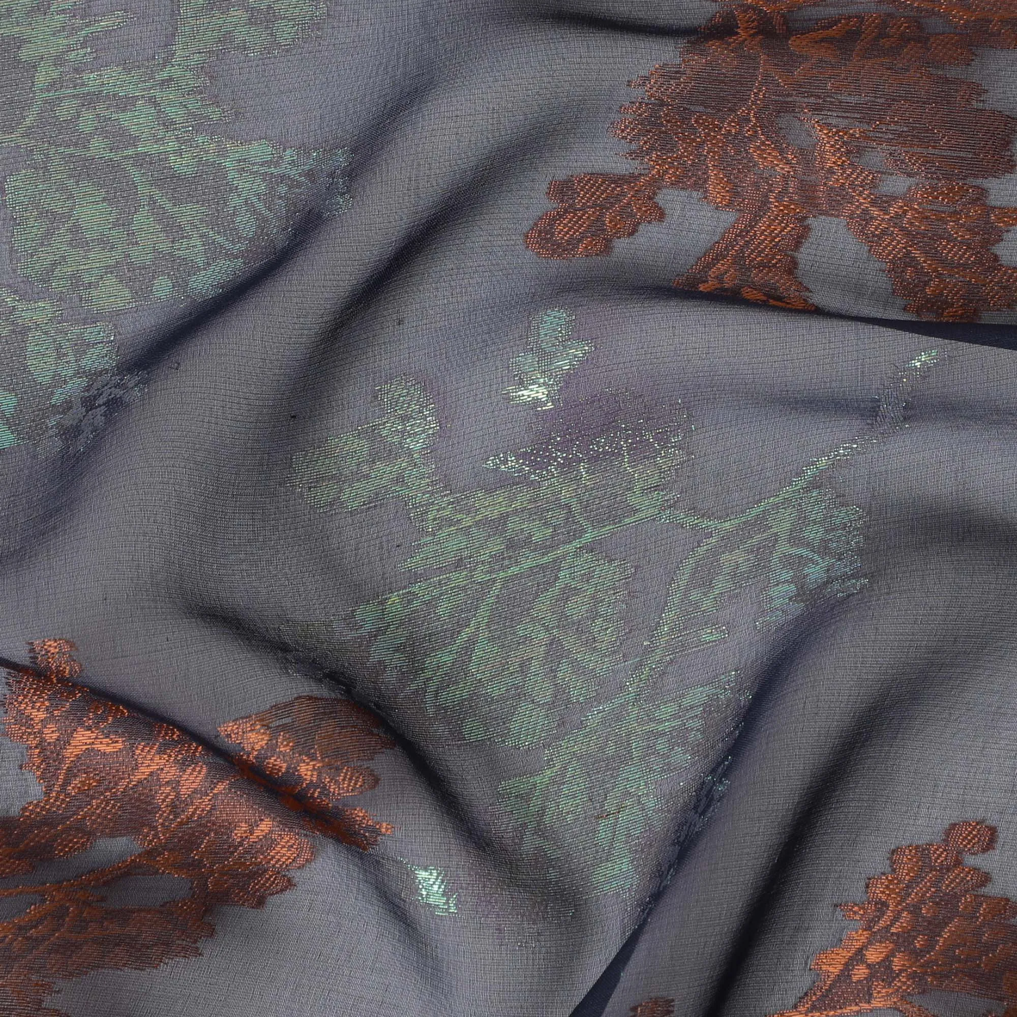 Navy Blue Silk Chiffon Fabric with Copper and Green Lurex Leaves, 110 cm Width - Imported from South Korea-D20234